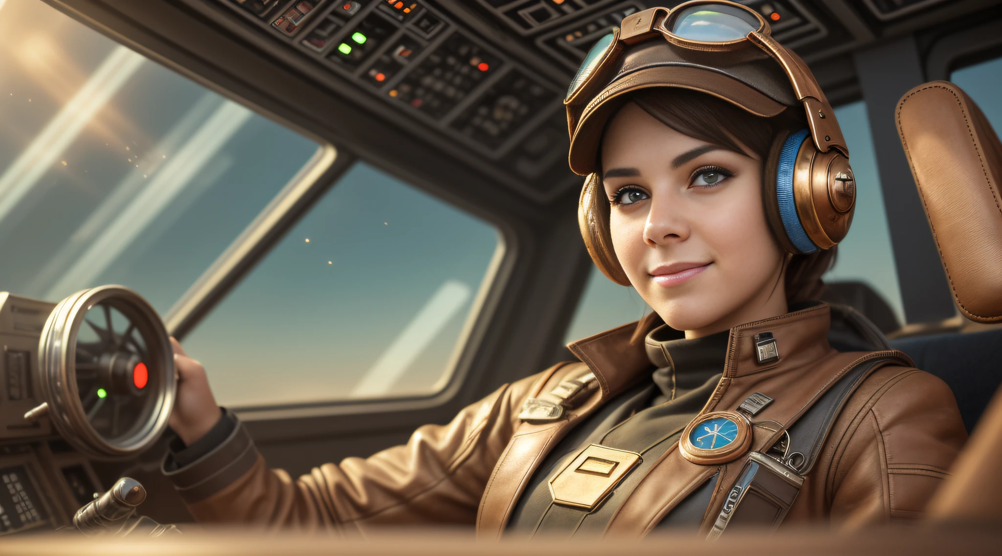 Stunning steampunk star wars race pod pilot girl, looking at camera, facing camera, beautiful smile with closed lips, in complex hyper-detailed cockpit, red sunlight in your hair, dust desert punk, close-up, real and well-worn-looking clothes, mate leather, used leather clothing, lots of metal, copper and bronze, tight space, cinematic lighting, depth-of-field, hyper detailed, best quality, ultra high res, photorealistic, high resolution, detailed, raw photo, golden hour, lens flare, bloom, epic atmosphere, warm light, bokeh, high contrast, hdr, chromatic aberration, finely detailed eyes and detailed face, extremedetailed CG unit, 8k, intricate details, masterpiece, raw photo, pod, racer, star wars