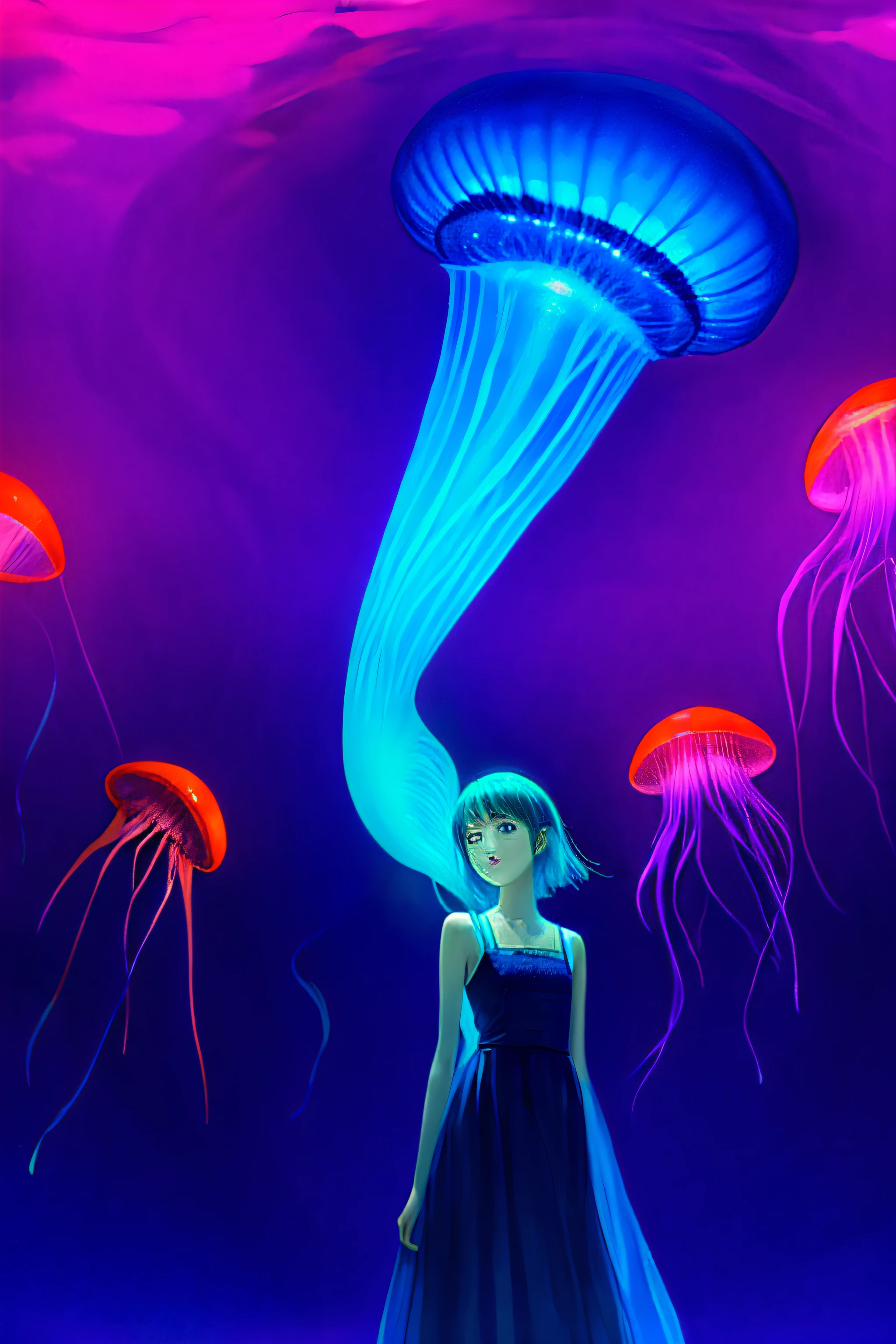 Colorful, no humans, jellyfish, landscape, 1girl, upper body,