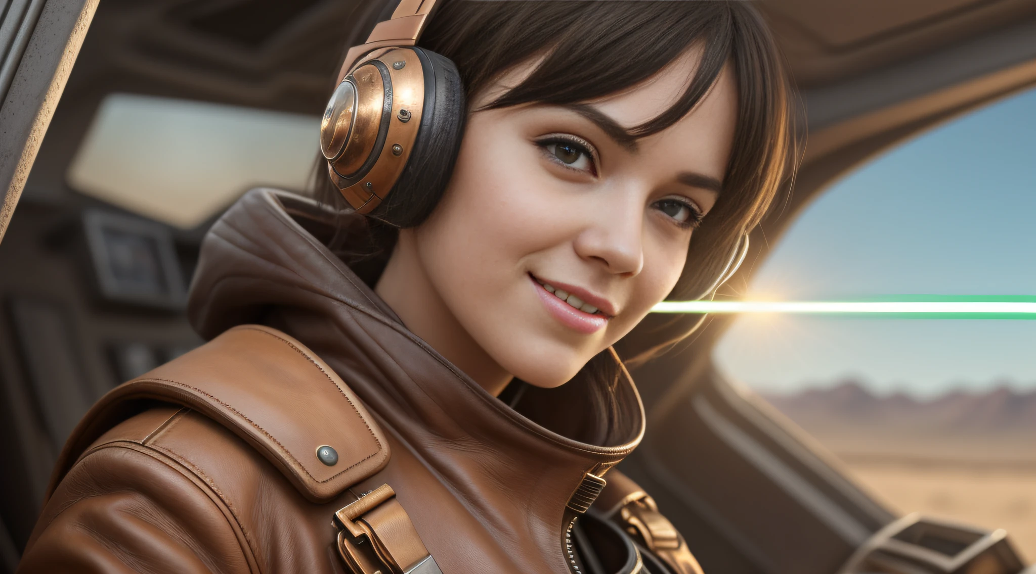 Stunning steampunk star wars race pod pilot girl, looking at camera, facing camera, beautiful smile with closed lips, in complex hyper-detailed cockpit, red sunlight in your hair, dust desert punk, close-up, real and well-worn-looking clothes, mate leather, used leather clothing, lots of metal, copper and bronze, tight space, cinematic lighting, depth-of-field, hyper detailed, best quality, ultra high res, photorealistic, high resolution, detailed, raw photo, golden hour, lens flare, bloom, epic atmosphere, warm light, bokeh, high contrast, hdr, chromatic aberration, finely detailed eyes and detailed face, extremedetailed CG unit, 8k, intricate details, masterpiece, raw photo, pod, racer, star wars