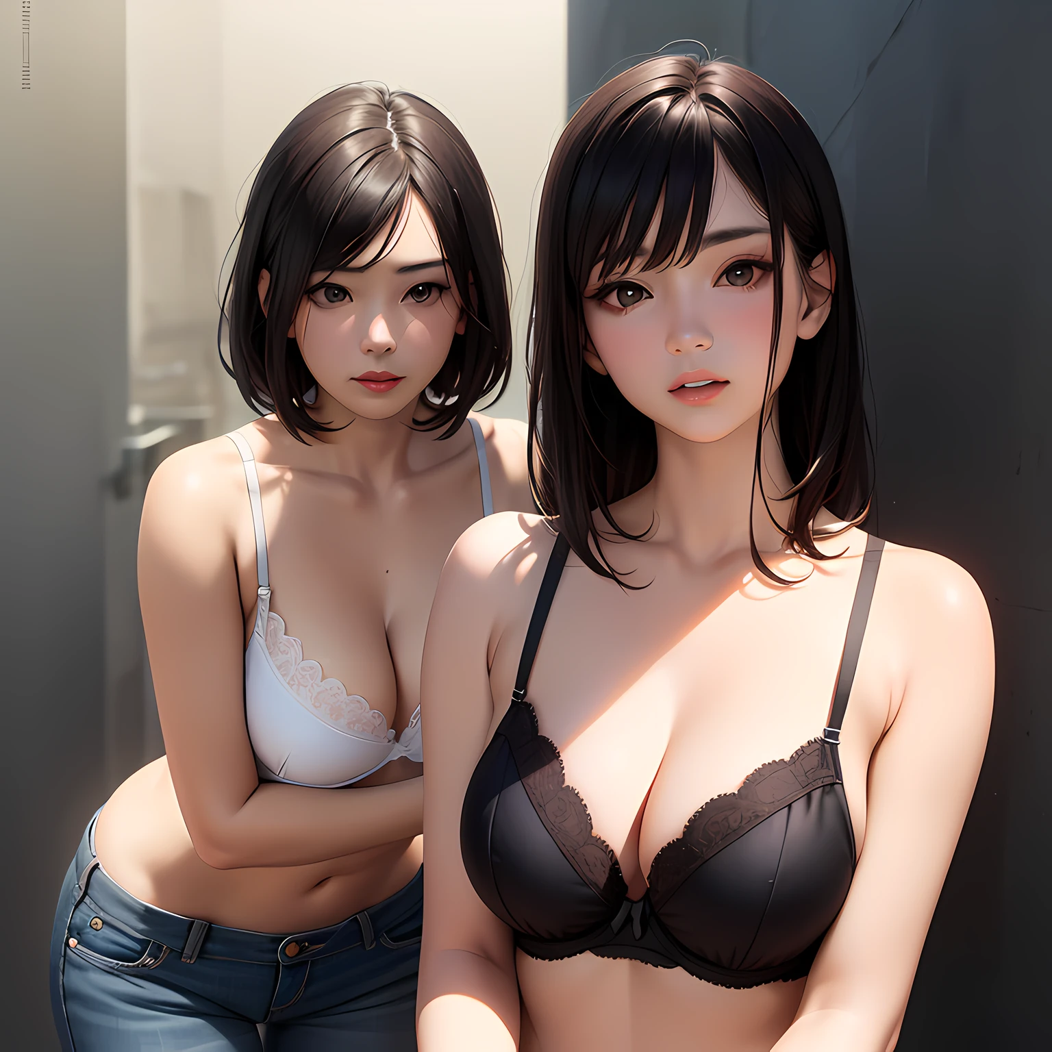 A superb exquisite Chinese real beautiful girl, short black hair, natural straight hair, extremely delicate, straight facial features, peerless beautiful girl, soft, dreamy quality, light white and dark brown, exaggerated facial features, solid color, frank holly, delicate face, bright lips slightly open, slender waist, soft curves, wearing black lace bra, jeans, real light and shadow, super fine, 4k, natural moving, realistic, Ultra high resolution