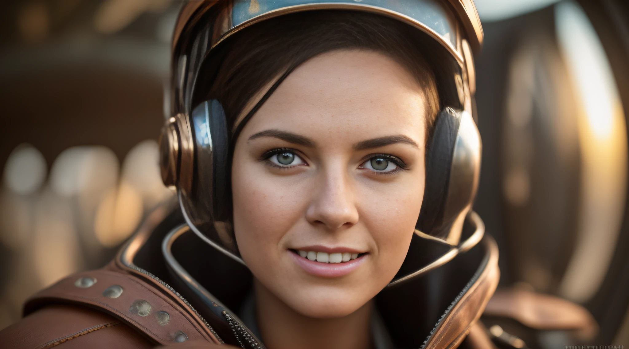 Stunning steampunk star wars race pod pilot girl, looking at camera, facing camera, beautiful smile with closed lips, red sunlight in your hair, Star wars pod, in complex hyper-detailed cockpit, dust desert punk, extreme close-up, real and well-worn-looking clothes, mate leather, used leather clothing, lots of metal, copper and bronze, tight space, cinematic lighting, depth-of-field, hyper detailed, best quality, ultra high res, photorealistic, high resolution, detailed, raw photo, golden hour, lens flare, bloom, epic atmosphere, warm light, bokeh, high contrast, hdr, chromatic aberration, finely detailed eyes and detailed face, extremedetailed CG unit, 8k, intricate details, masterpiece, raw photo, pod, racer, star wars