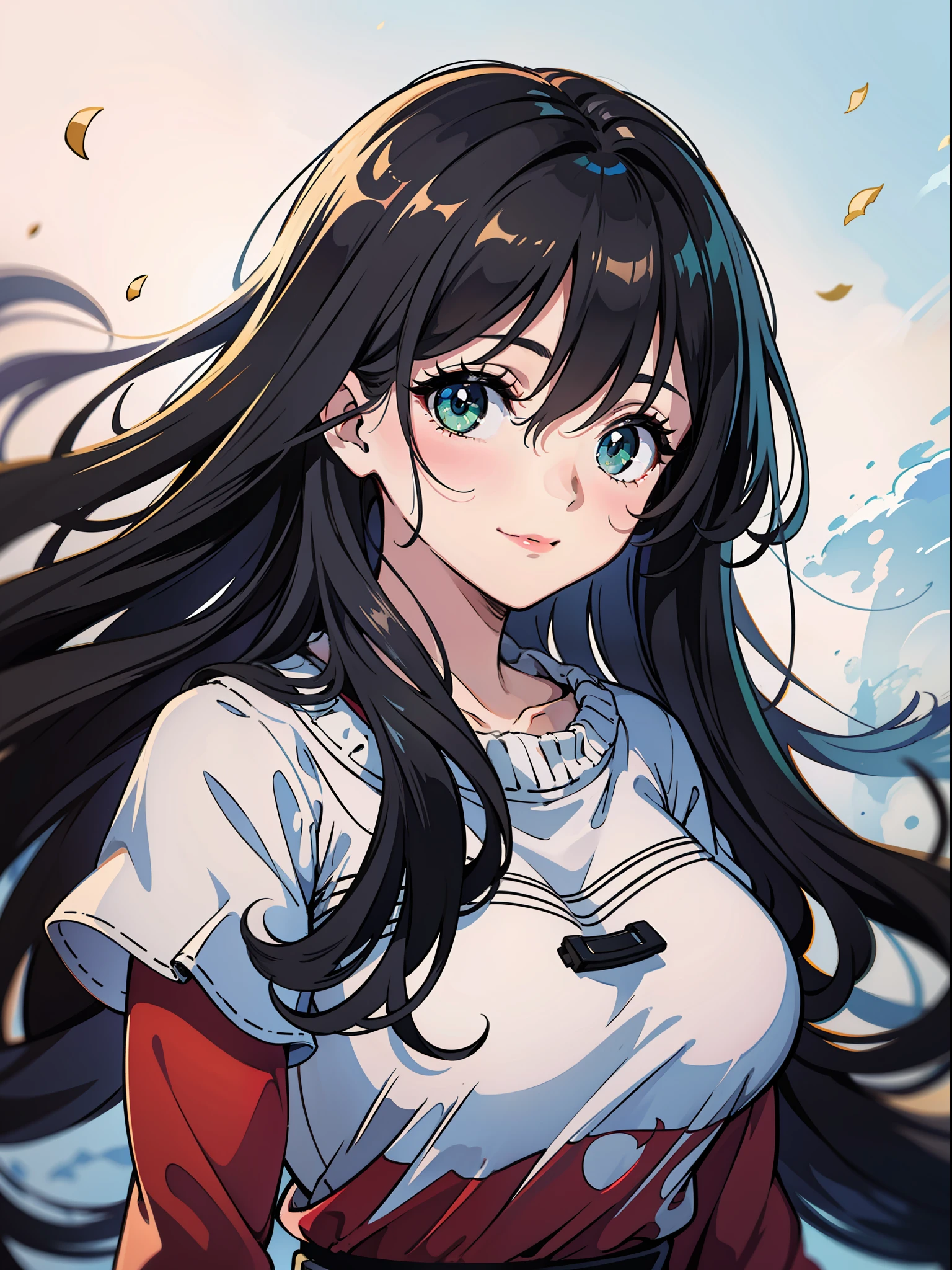 Two-dimensional, a girl, girl, black hair, hair between the eyes, long hair, scattered, hair blown up by the wind, green eyes, deep eyes, big watery eyes, smile, gentle, sister fan, sister, daily clothes, high-grade lighting, exquisite picture, exquisite eyes, best shadows, best picture quality, best light, rich details, atmosphere, high resolution, masterpiece