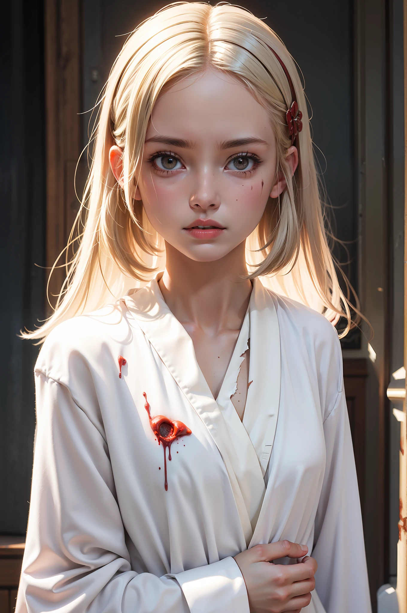 Wearing torn and dirty white robe with blood stains