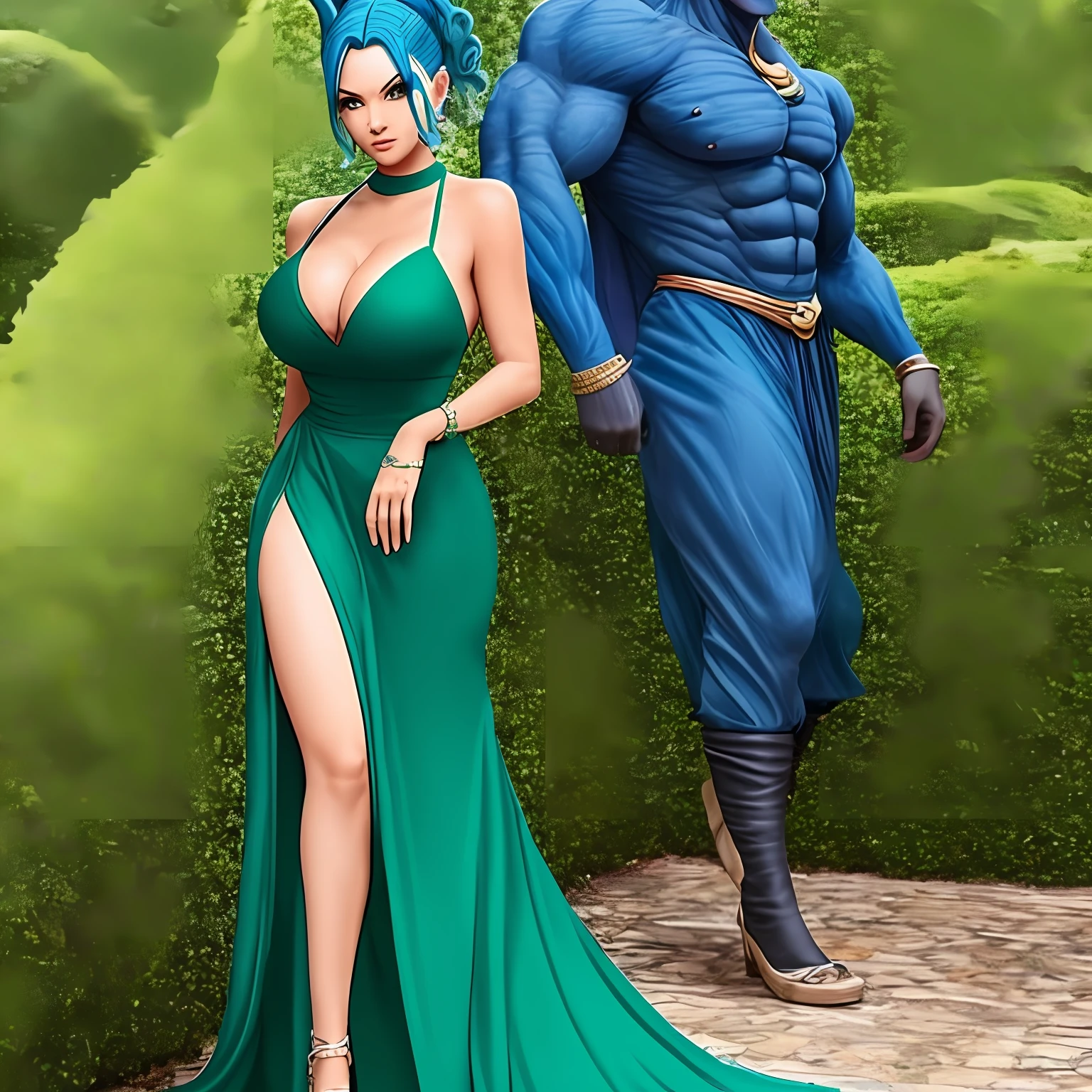 Vados, blue skin, huge voluptuous, long green dress --auto
