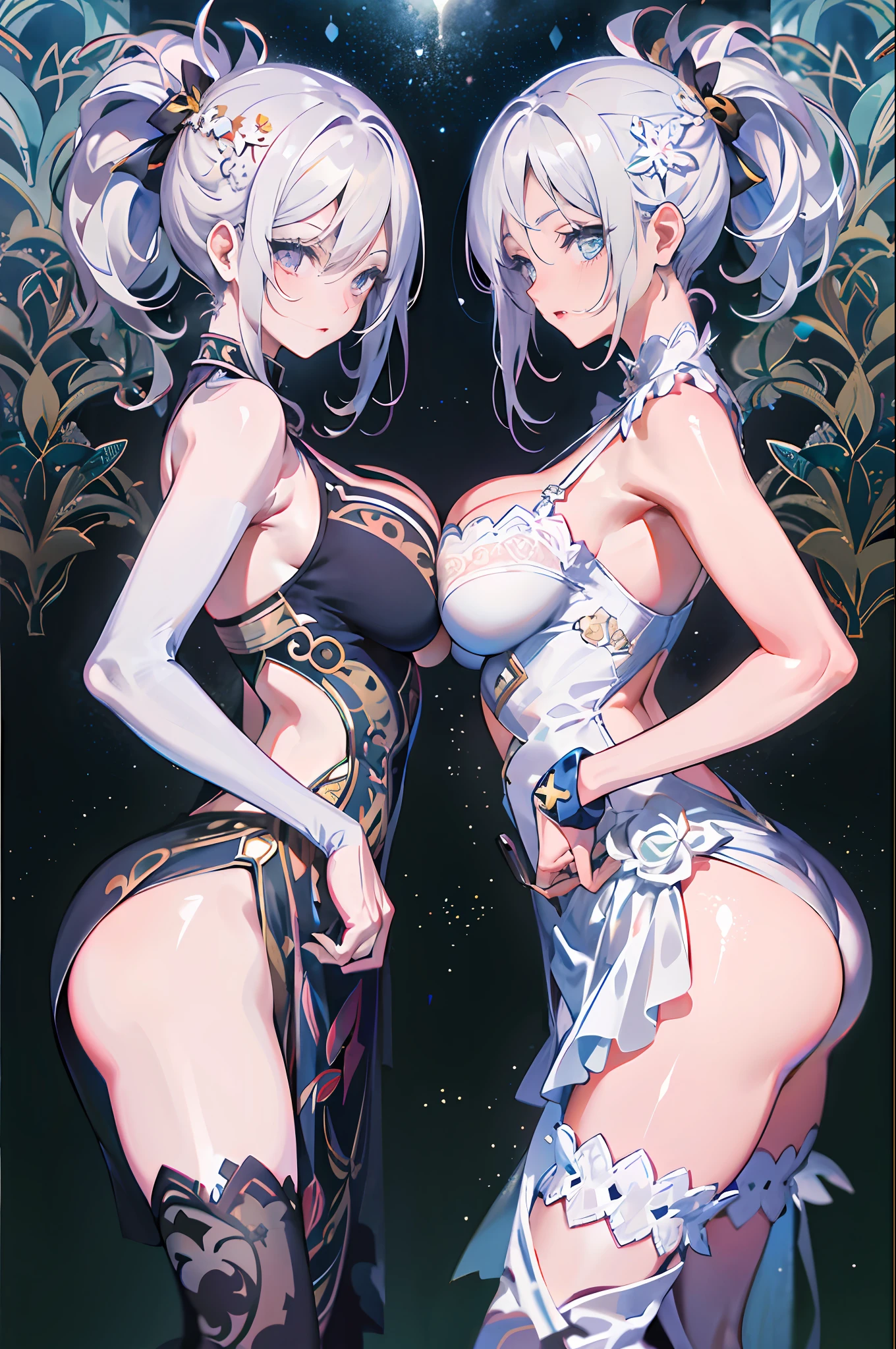 Two women in dresses and stockings posing for a photo, Guvitz, Neil Otto Armata, two beautiful anime girls, white hair, white hair, white hair, 2b, 2 b, guvitz on pixiv art station, anime girl, nil 2 b, clean detailed anime art, highest rated on pixiv, big breasts