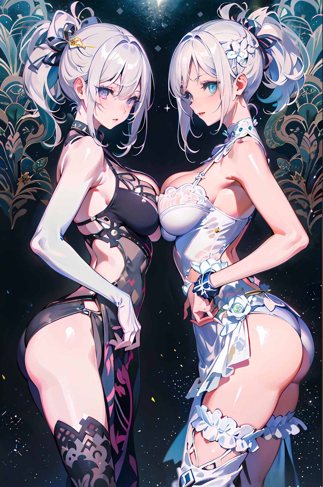 Two women in dresses and stockings posing for a photo, Guvitz, Neil Otto Armata, two beautiful anime girls, white hair, white hair, white hair, 2b, 2 b, guvitz on pixiv art station, anime girl, nil 2 b, clean detailed anime art, highest rated on pixiv, big breasts