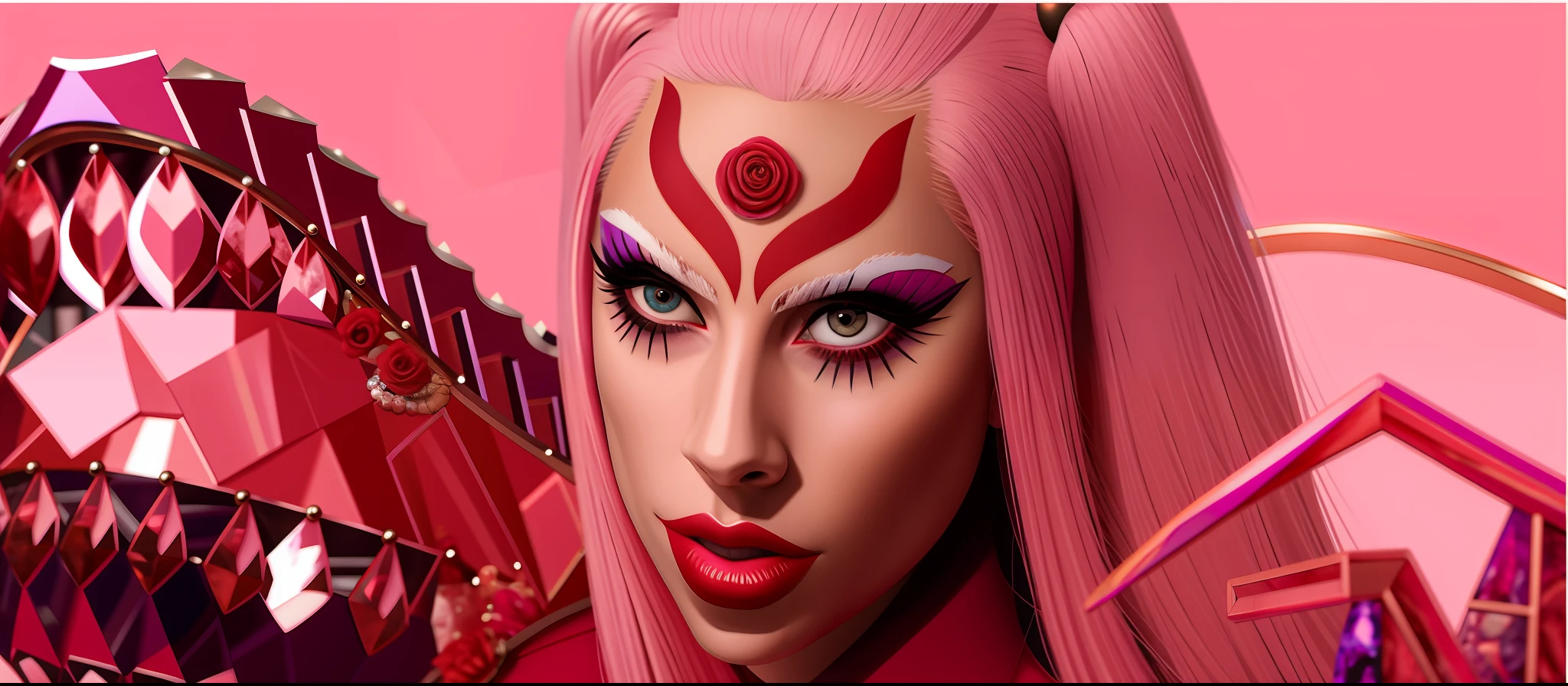 a close up of a woman with pink hair and makeup, pink iconic character, portrait of lady gaga, lady gaga, lady gaga artpop act ii, lady gaga as harley queen, lady gaga with her venus hair, artpop, 👁🌹👾, pink face, lady gaga artpop act ii album, born this way, lady gaga as harley quinn
