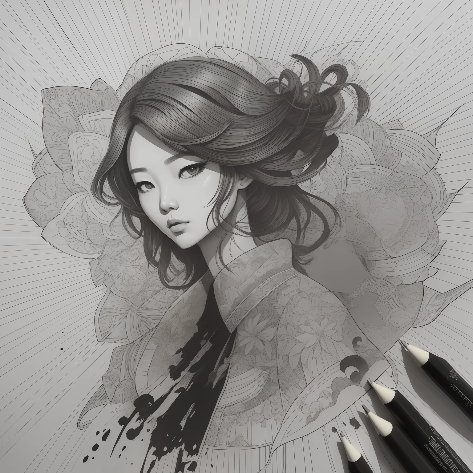 Ink drawing of Korean woman, full body, Peter Draws, digital illustration, comic style, Dong Son drum patterns background, black and white contrast, perfect ???????, centered, dynamic, highly detailed, watercolor painting, art station, concept art, smooth, sharp focus, illustration
