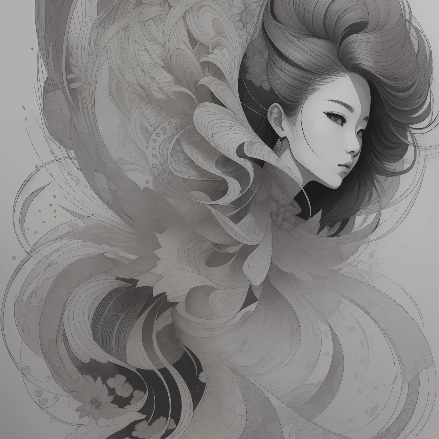 Ink drawing of Korean woman, full body, Peter Draws, digital illustration, comic style, Dong Son drum patterns background, black and white contrast, perfect anatomy, centered, dynamic, highly detailed, watercolor painting, art station, concept art, smooth, sharp focus, illustration