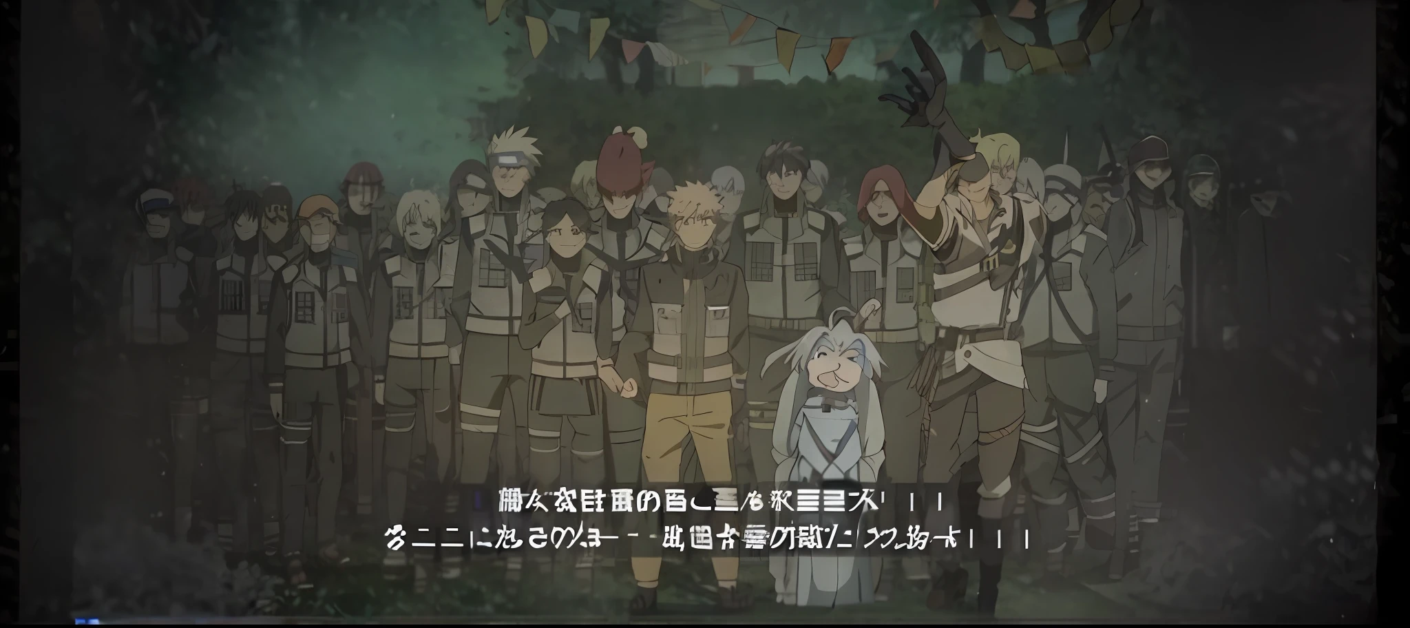 anime characters are standing in front of a large group of people, from naruto, screenshot from the anime film, screenshot from a 2012s anime, mushoku tensei, movie screencap, opening scene, cutscene, anime movie screenshot, アニメ, cutscene footage, in the anime film, video game cutscene