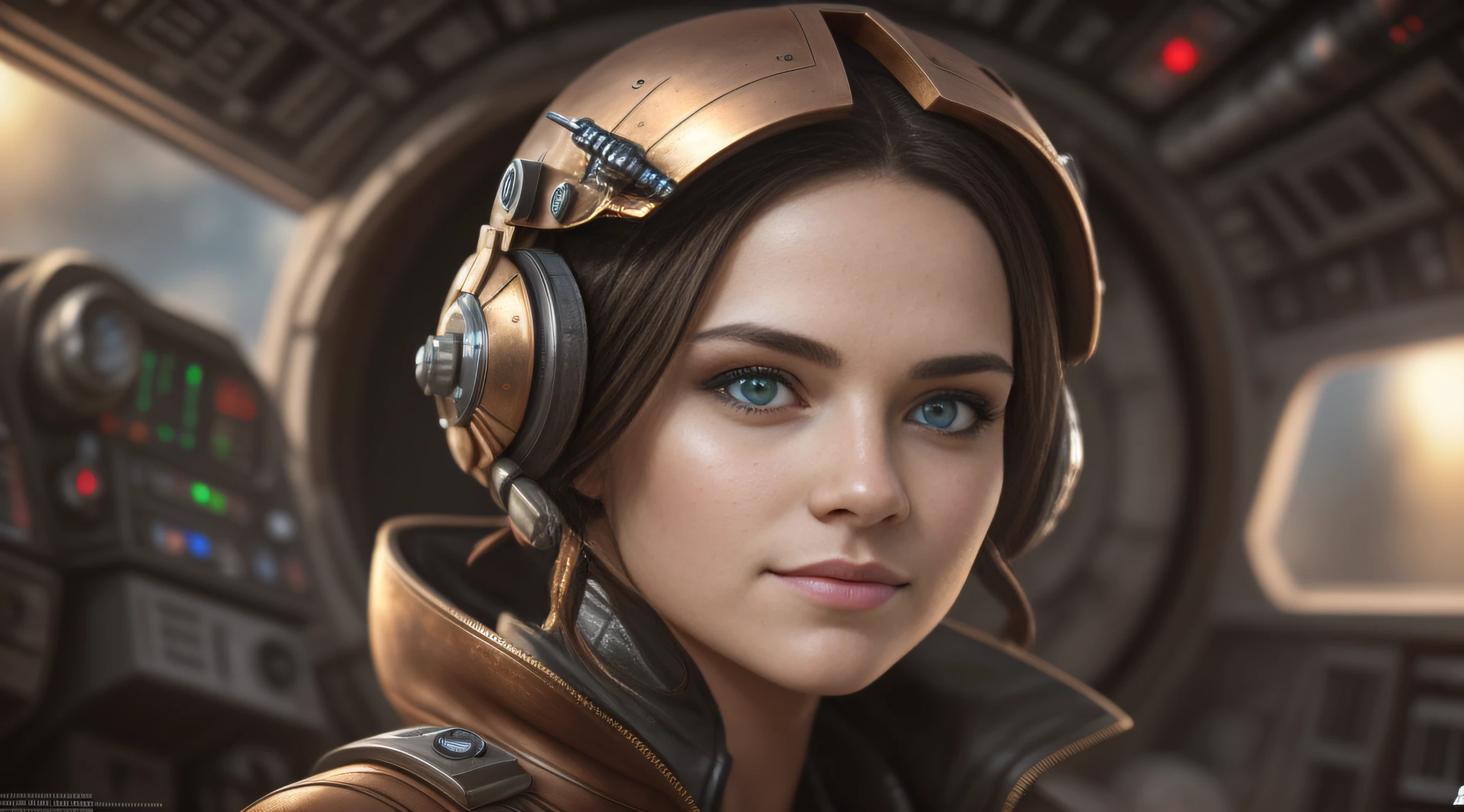 Stunning steampunk pod pilot girl, looking at camera, facing camera, beautiful smile with closed lips, red sunlight in your hair, Star wars pod, in complex hyper-detailed cockpit, dust desert punk, extreme close-up, real and well-worn-looking clothes, mate leather, used leather clothing, lots of metal, copper and bronze, tight space, cinematic lighting, depth-of-field, hyper detailed, best quality, ultra high res, photorealistic, high resolution, detailed, raw photo, golden hour, lens flare, bloom, epic atmosphere, warm light, bokeh, high contrast, hdr, chromatic aberration, finely detailed eyes and detailed face, extremedetailed CG unit, 8k, intricate details, masterpiece, raw photo, pod, racer, star wars
wars