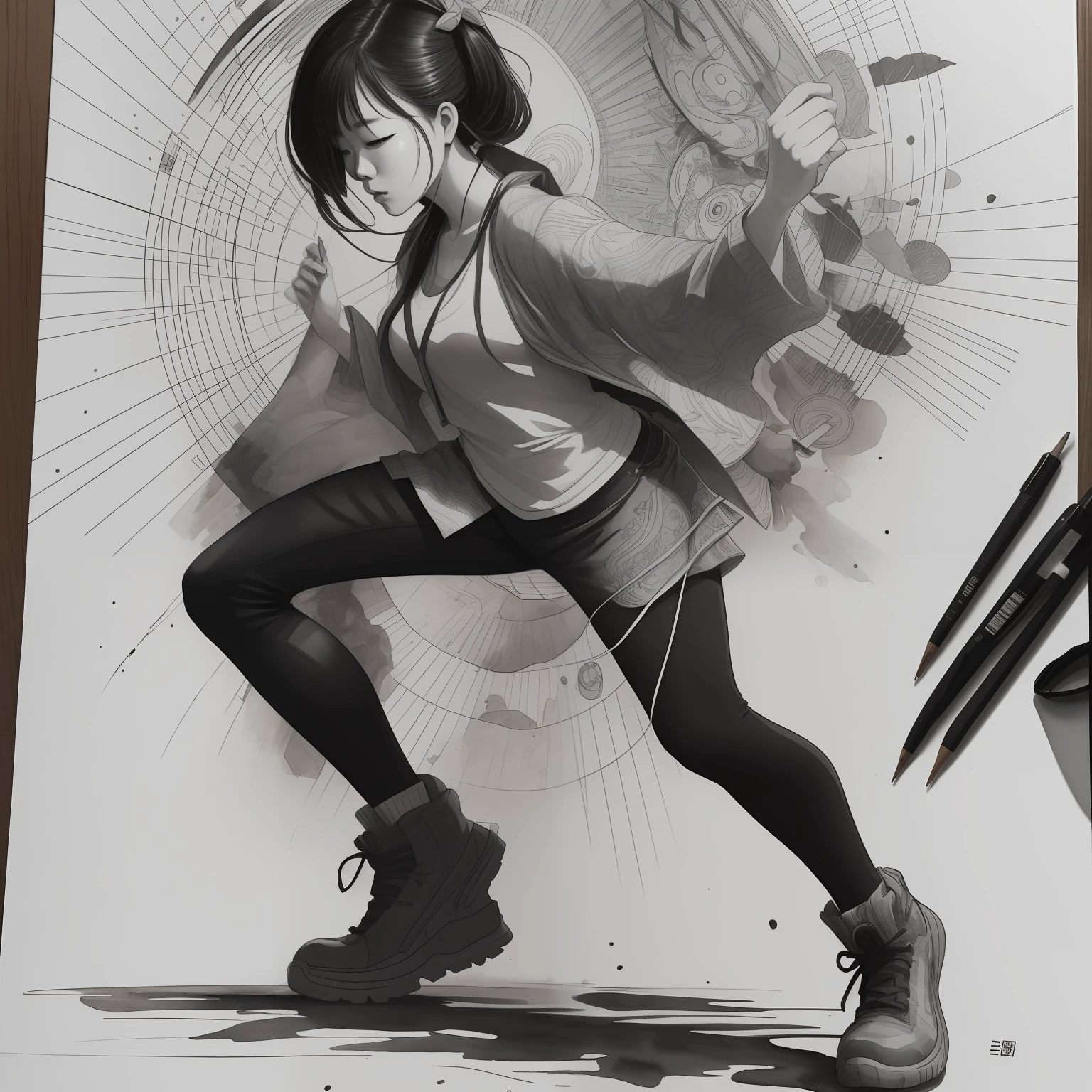 Ink drawing of Korean woman, full body, Peter Draws, digital illustration, comic style, Dong Son drum patterns background, black and white contrast, perfect anatomy, centered, dynamic, highly detailed, watercolor painting, art station, concept art, smooth, sharp focus, illustration