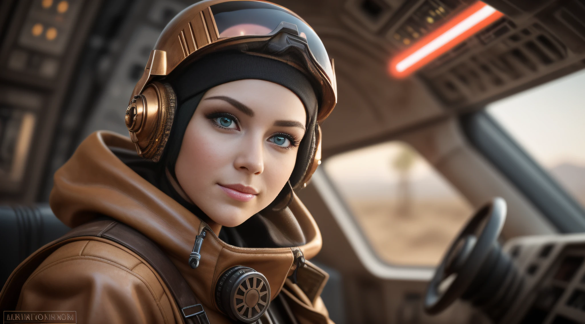 Stunning steampunk pod pilot girl, looking at camera, facing camera, beautiful smile with closed lips, red sunlight in your hair, Star wars pod, in complex hyper-detailed cockpit, dust desert punk, extreme close-up, real and well-worn-looking clothes, mate leather, used leather clothing, lots of metal, copper and bronze, tight space, cinematic lighting, depth-of-field, hyper detailed, best quality, ultra high res, photorealistic, high resolution, detailed, raw photo, golden hour, lens flare, bloom, epic atmosphere, warm light, bokeh, high contrast, hdr, chromatic aberration, finely detailed eyes and detailed face, extremedetailed CG unit, 8k, intricate details, masterpiece, raw photo, pod, racer, star wars
wars