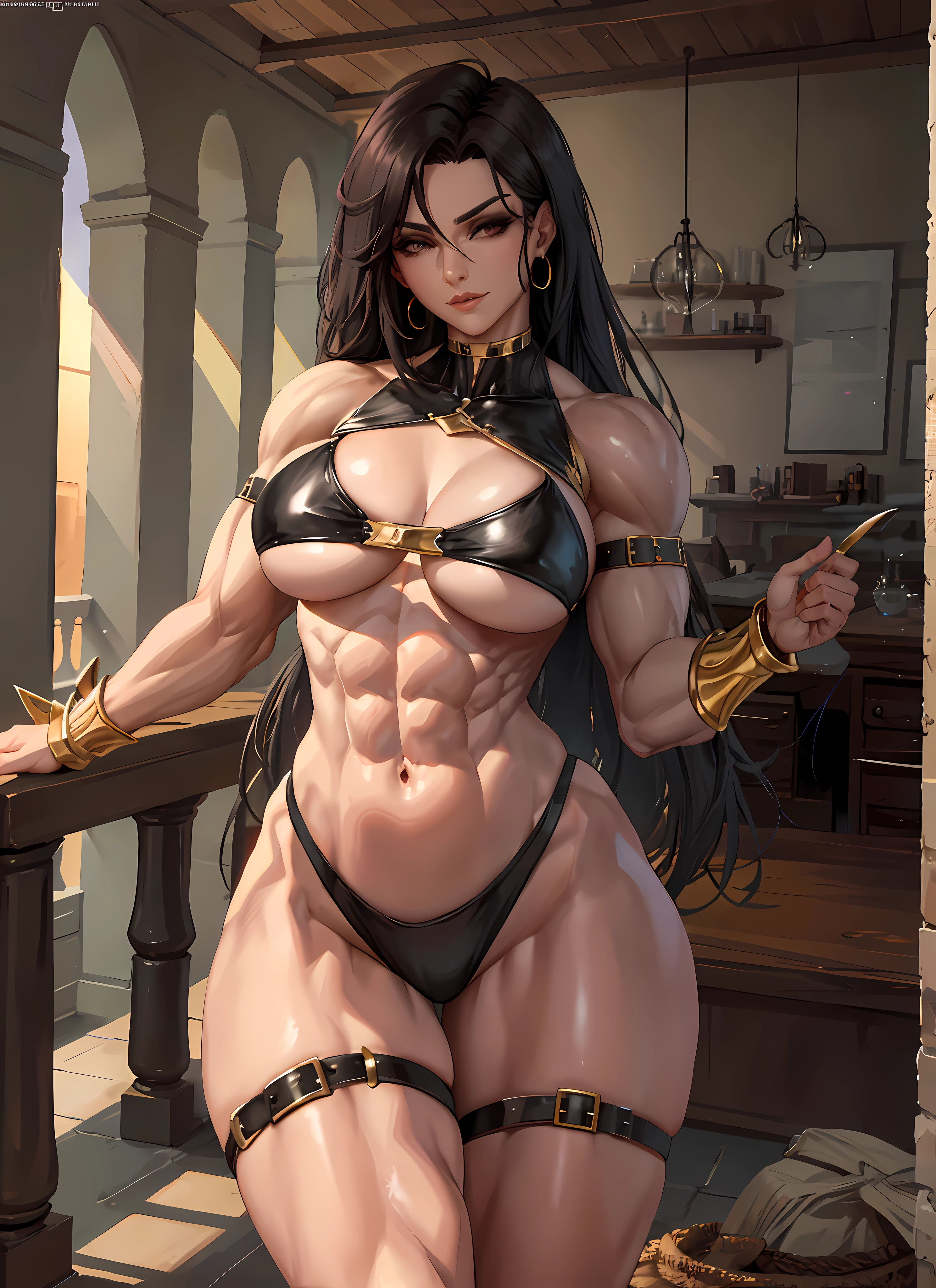 1girl, beautiful, perfect lighting, muscular, thighs, mature female, milf, navel, abs, looking at viewer  (masterpiece, high quality:1.1) ,shiny skin
