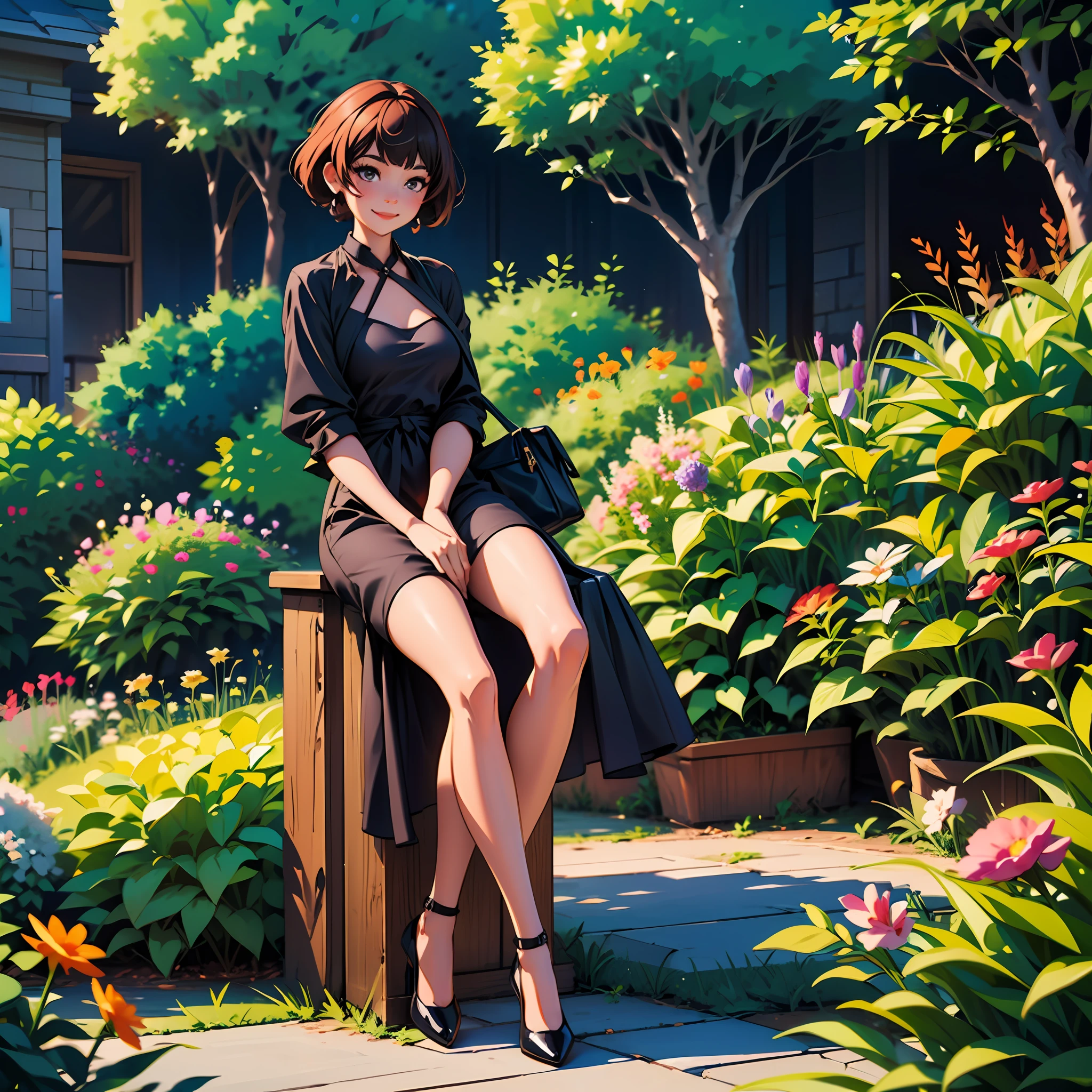 black shiny short hair, long length, modern baggy dress, heels, garden, crossed legs, adult face, coy smile, elegant, highly quality --auto