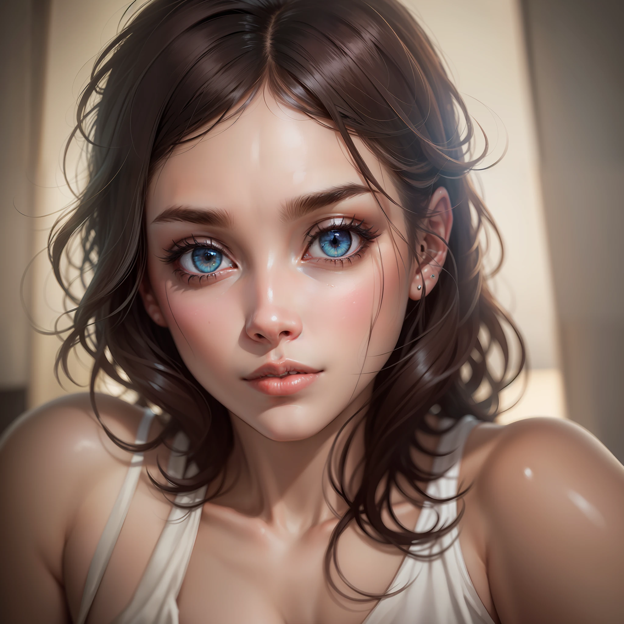 8K, Best Quality, Masterpiece, Ultra High Resolution, (Realism: 1.4), Original Photo, (Realistic Skin Texture: 1.3), (Film Grain: 1.3), (Selfie Angle), 1 Girl, Beautiful Eyes and Face Details, Masterpiece, Best Quality, Close-up, Upper Body, Looking at the Viewer