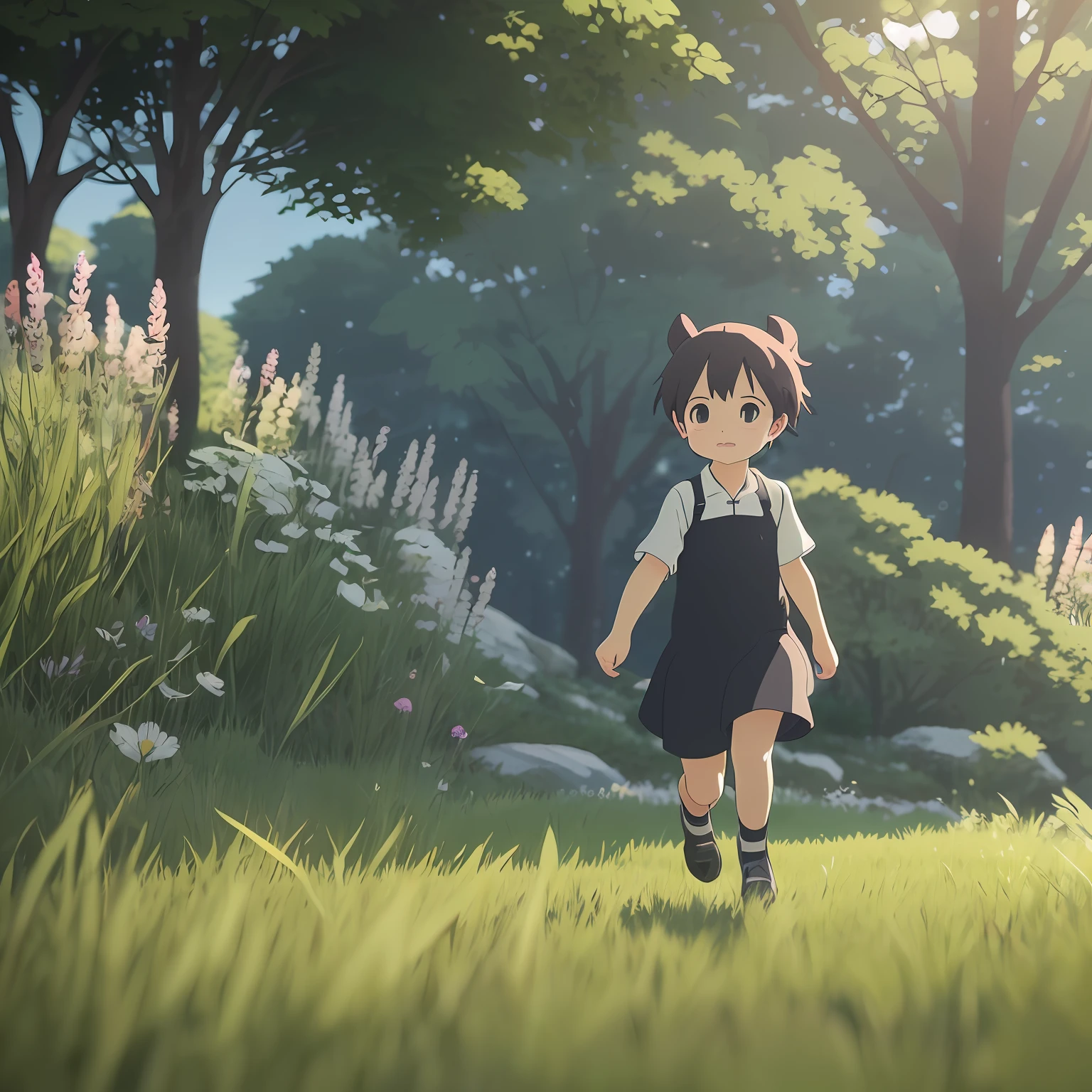 ((A 5 years)), loir. black hair, pigtailed hair, running on the grass with a sun shining on it, Studio glibly Makoto Shinkai, Makoto Shinkai. Digital render, Makoto Shinkai. —H 2160, Makoto Shinkai style, Makoto Shinkai. Octane render, Makoto Shinkai style, Makoto Shinkai. High detail --auto