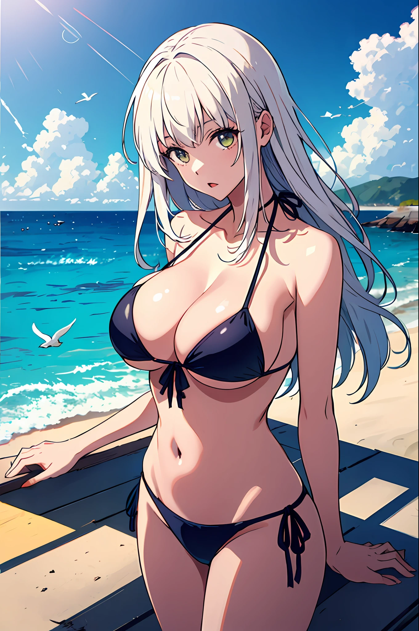 1 Girl, Seagull, Epilogue, Ocean, Bikini, Big Breasted, Long Hair, White Hair, Dull Hair