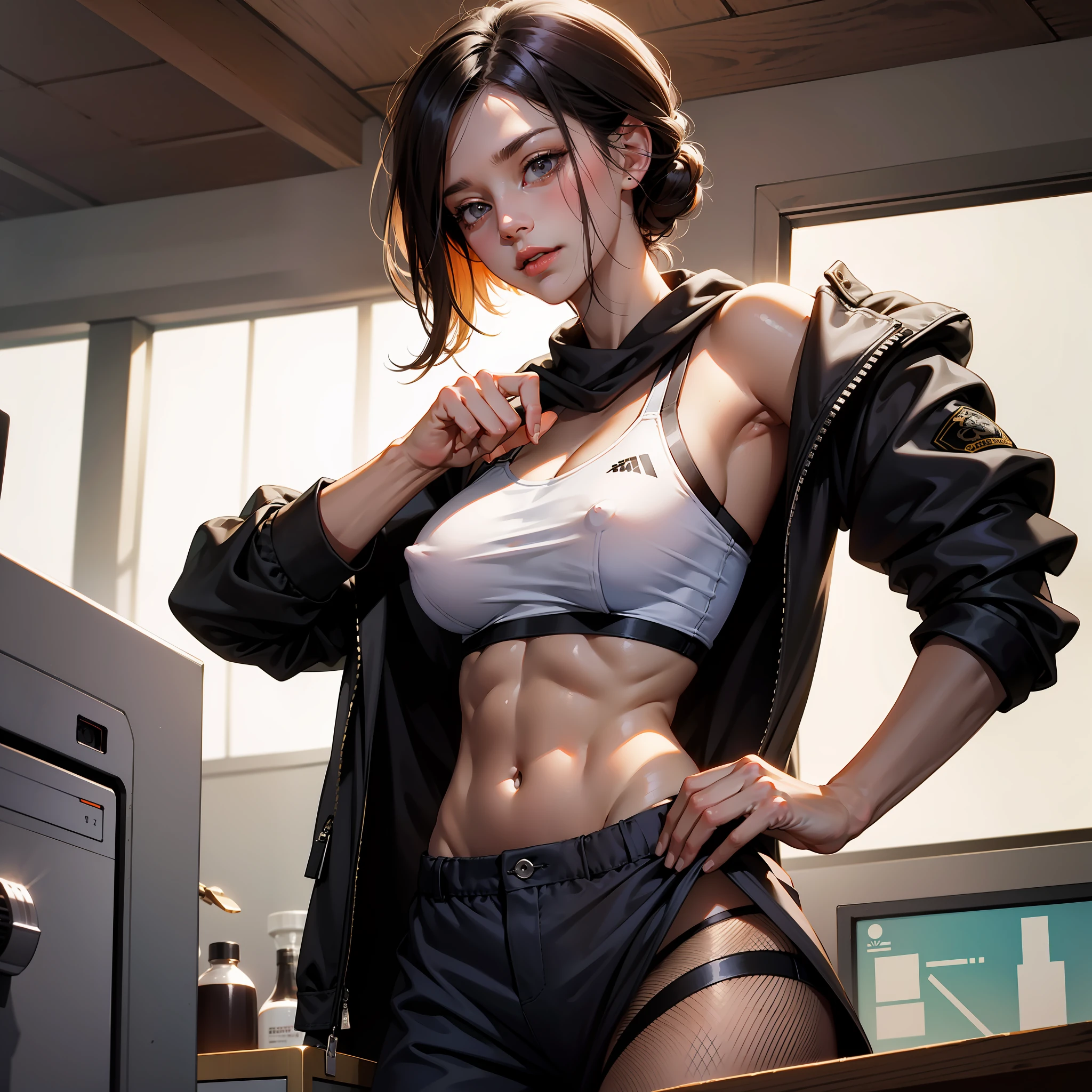 Absurdity, High Resolution, Ultra Detail, (1 Girl: 1.2), Huge, (Dark Tan Skin: 1.4), Abs: 1.25, Unity 8k Wallpaper, Women, Sports Bra, Fishnet Stockings, Dynamism, Cinematic Shots, Intricate Details, (Lift G Jacket: 1.3), (Visible Skin: 1.3), Casual Clothes, Indoors, Bullying, Playful, Sheer Nipples, Seductive poses