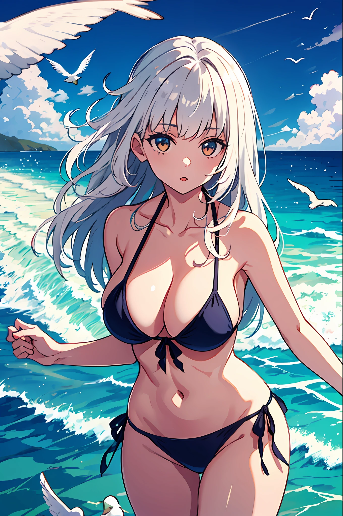 1 Girl, Seagull, Epilogue, Ocean, Bikini, Big Breasted, Long Hair, White Hair, Dull Hair