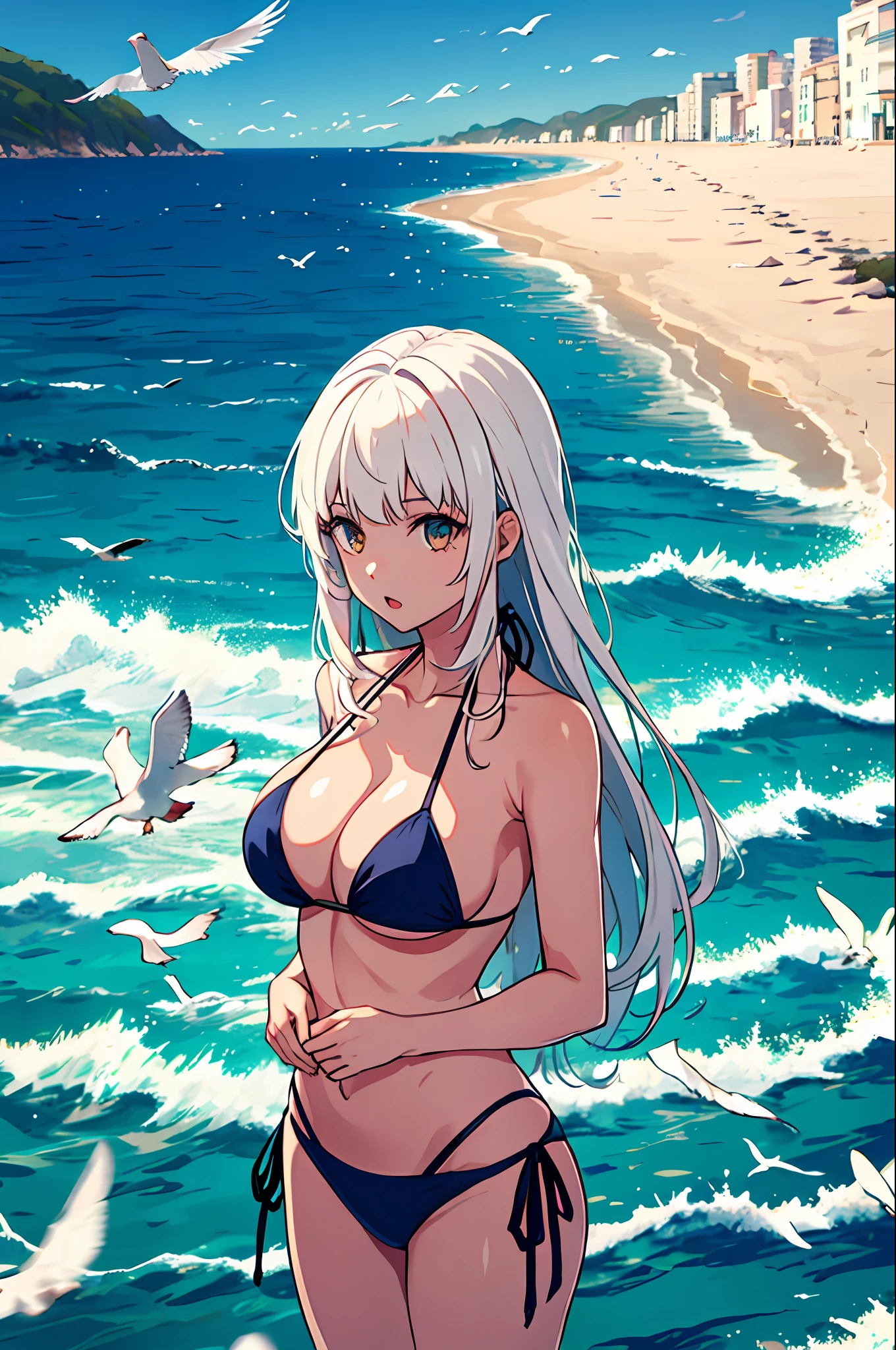 1 Girl, Seagull, Epilogue, Ocean, Bikini, Big Breasted, Long Hair, White Hair, Dull Hair