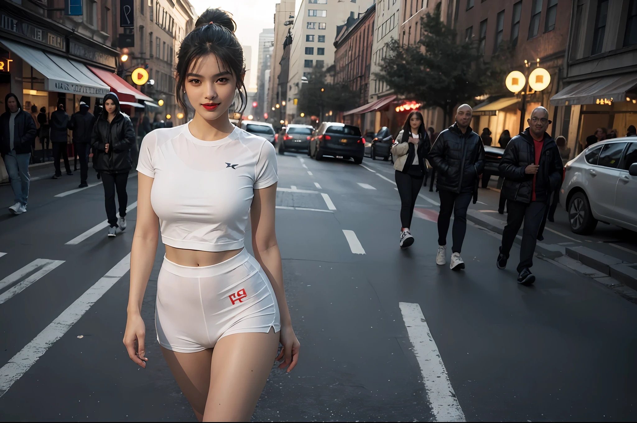 best quality, masterpiece, high resolution,4k,1girl, ultra-detailed, surreal, highly detailed CG illustration, official art, cinematic light, reality, young beautiful girl, perfect figure, walking, smile, sports fashion clothes, confidence, head up, sexy legs, red lips, high cold, extremely detailed face, extremely detailed skin texture, real geographical scene,