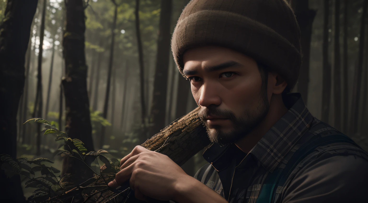 Lumberjack man, about 30 years old, cutting a tree in the forest, winner of the pexels contest, digital art, 8k art portrait photography, dramatic portrait of Namenlos, 8k portrait shot, film portrait, film. Author: Leng Jun, Portrait Shot, Cinematic Portrait, Environmental Portrait, Cinematic Dramatic Portrait --auto