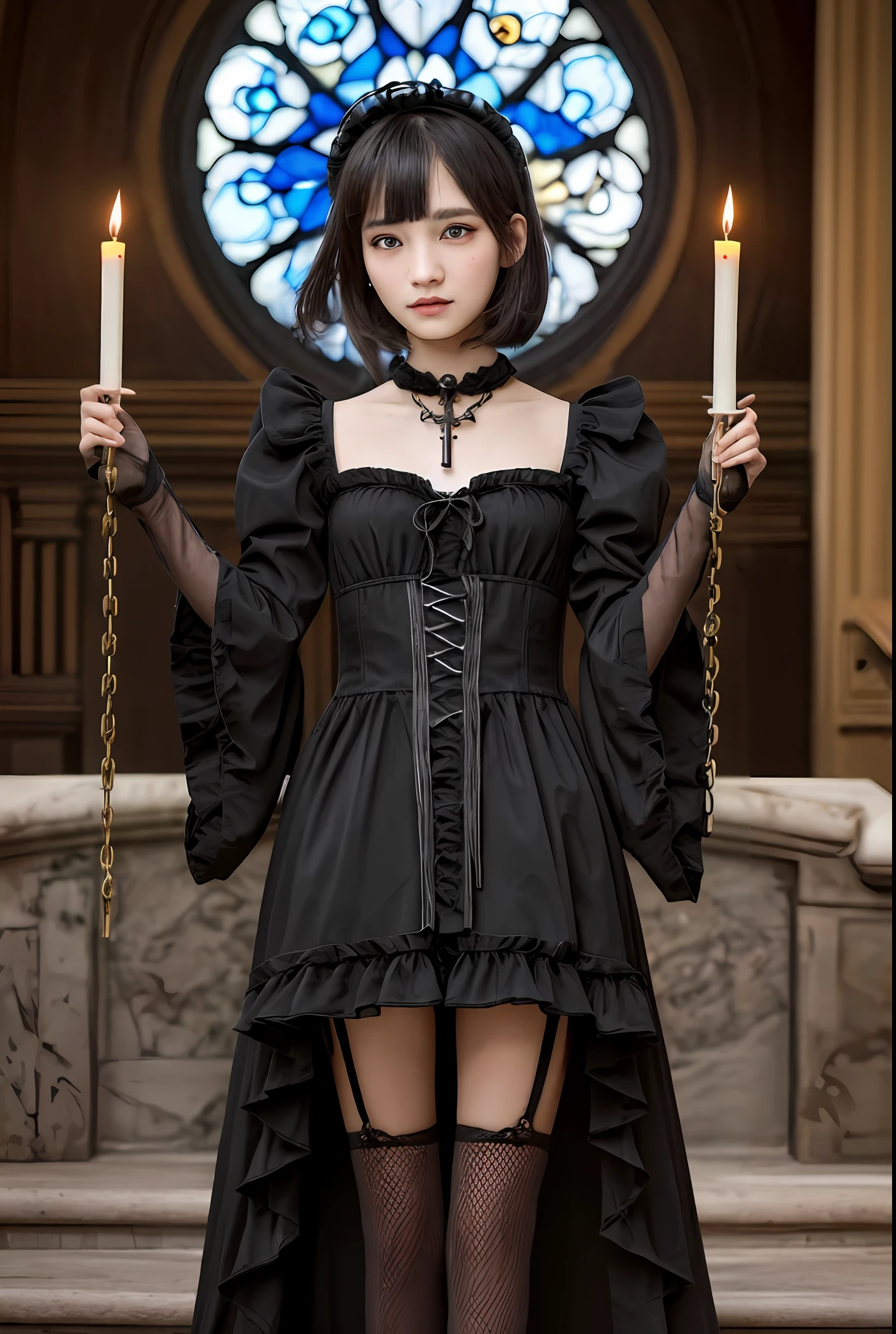 kawaii petit child childish innocent ankle-biter 1girl , star-shaped pupils small_star symbol in the pupils and iris, ((skindantation)) ((flat chest)) +++, extremely detailed character, (an extremely delicate and beautiful), solo focus, straight-on, dramatic angle, depthoffield, (expressionless languorous cute, beautiful detailed eyes lower eyelashes eyelashes, intricate:1.3 ((Gothic Lol) ((Frilled)) dress,skirt, Headdress, bowknot, (((hair ornament))), hair flower, eyeliner skindantation black fishnet_pantyhose, garter straps, Lace, cross-laced footwear, frilled blouse ribbon-trimmed sleeves), bloomers [background(building architecture, stained glass ((gothic architecture)) church, (castle), [fantasy])] stained glass candlestick chain iron prison, St. Peter's Basilica, vachican, portrait , +++ 
blue eyes, 
deep amber hair, 
short hair , 
twin ponytails, 
streaked hair , 
blunt bangs, 
sideburns , 
kind smile, 
nose blush , 
head_tilt standing  
+++, +++ extremely quality extremely detailed deep-silky-healthy-lackwarm-foundational-soft-skin high resolution, contrapposto glow shine like opal magnificent photo realistic ray trace depth of field hiqcgbody ++ Faint lips,UC:realistic, cinematic lighting cinematic angle Girl at the front dynamic pose