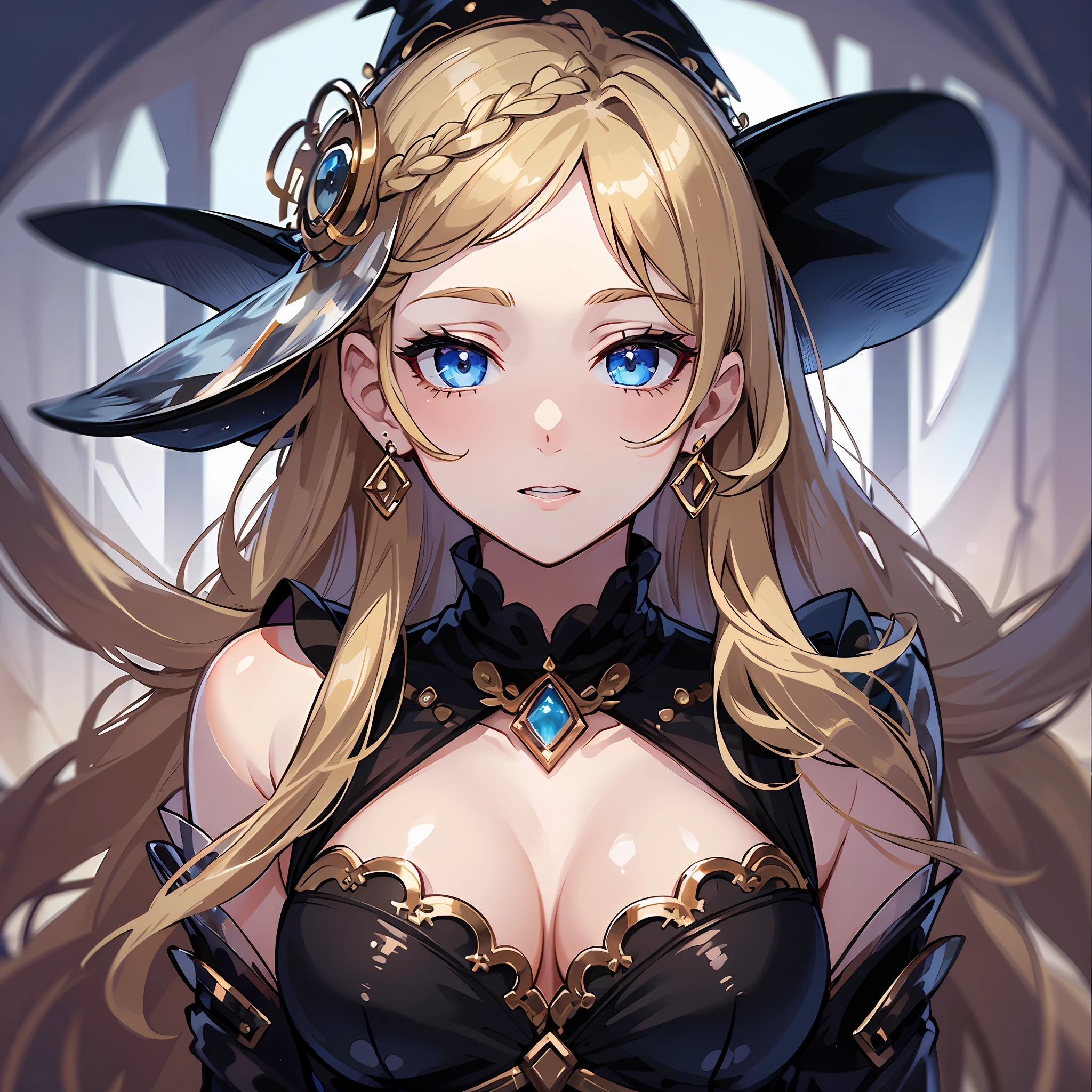 Witch, top quality, one dignified adult woman, hanging eyes, upstyle, elegant, (masterpiece) 8K resolution, beatrice, blonde, braided, bangs are gently arched, blue beautiful eyes, warm and attractive, black dress with red lines with gold rimm, the whole body is about 170, the body is small is not very good,