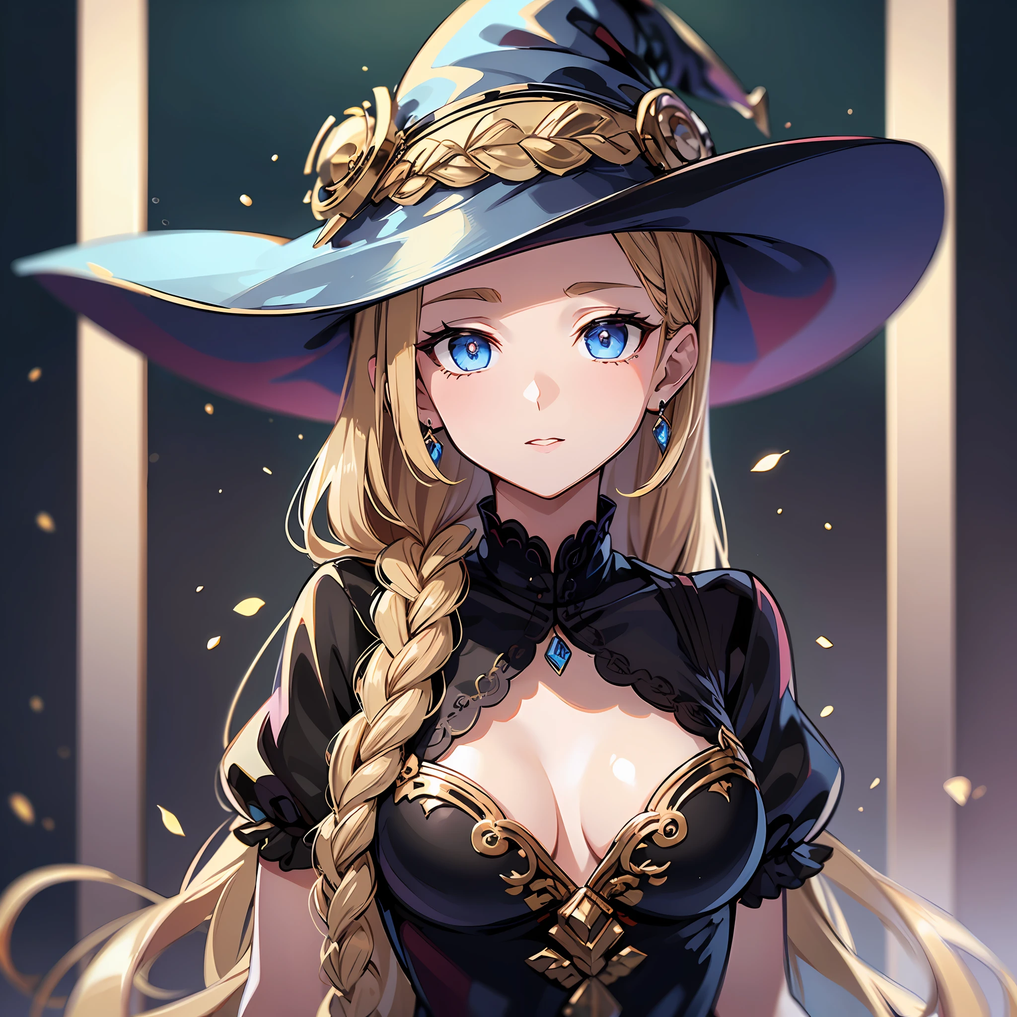 Witch, top quality, one dignified adult woman, hanging eyes, upstyle, elegant, (masterpiece) 8K resolution, beatrice, blonde, braided, bangs are gently arched, blue beautiful eyes, warm and attractive, black dress with red lines with gold rimm, the whole body is about 170, the body is small is not very good,