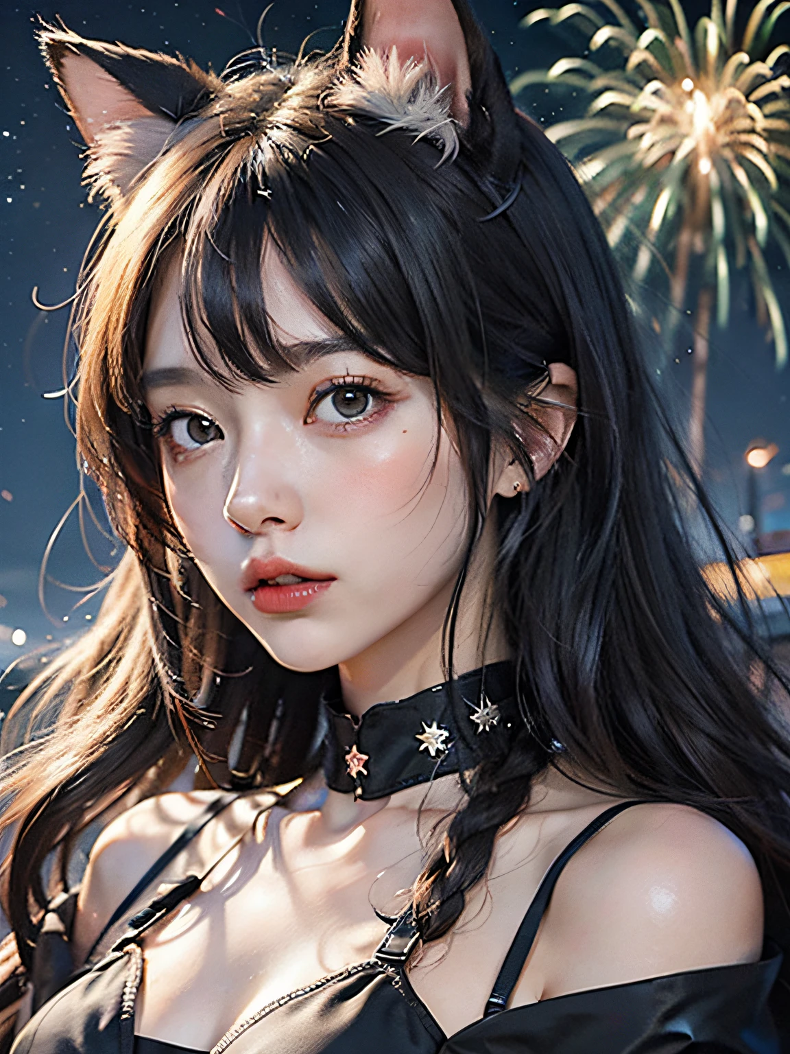 Anime cat-eared girl in bikini with cat ears, shoulder looking, anime drawing by Yang J, pixiv contest winner, serial art, digital anime illustration, kawashi, anime style illustration, anime style 4K, beautiful anime portrait, anime style portrait, anime style artwork, Guweiz style artwork, Anime Illustration, Digital Anime Art, Detailed Digital Anime Art, Beautiful Starry Sky, Fireworks