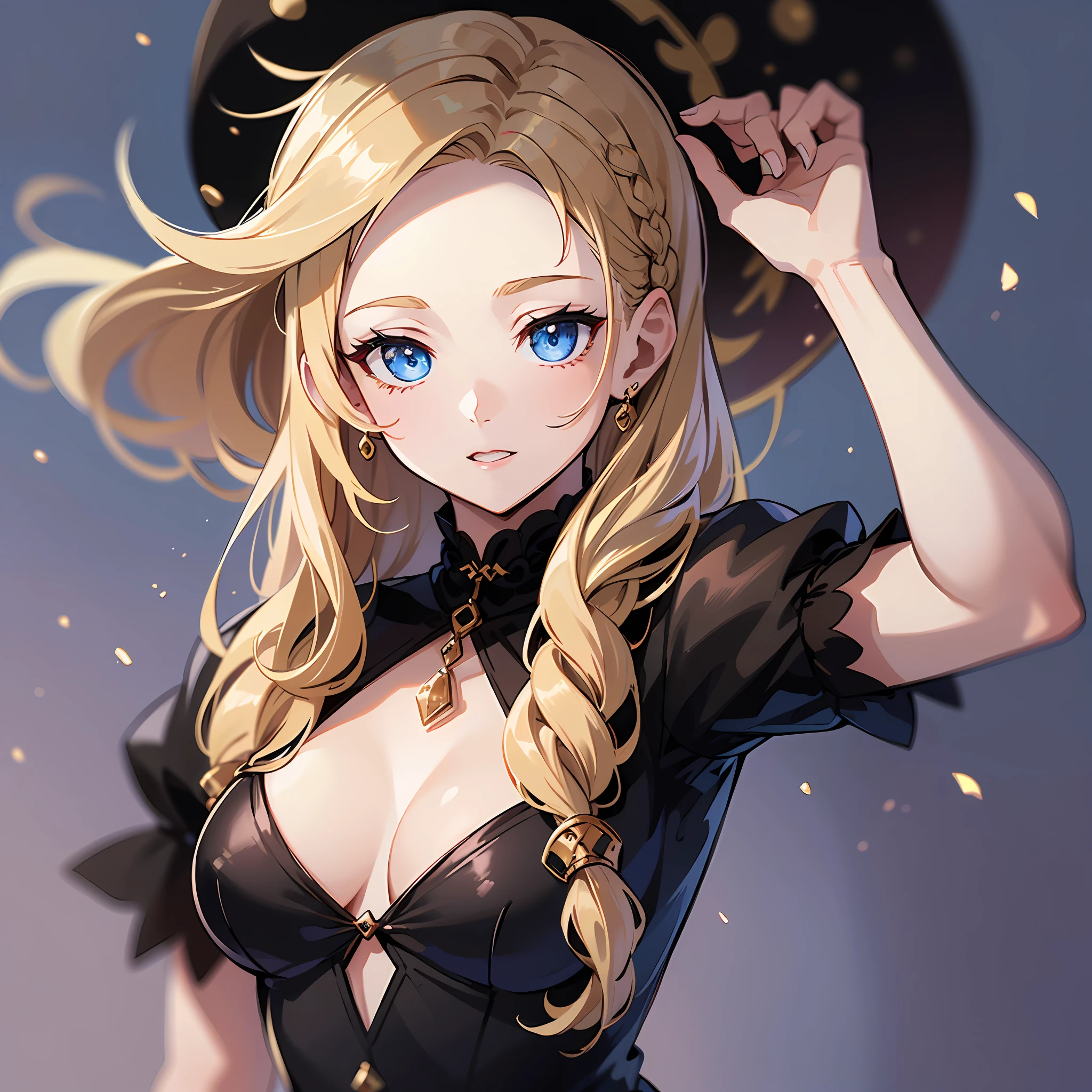 Witch, top quality, one dignified adult woman, hanging eyes, upstyle, elegant, (masterpiece) 8K resolution, beatrice, blonde, braided, bangs are gently arched, blue beautiful eyes, warm and attractive, black dress with red lines with gold rimm, the whole body is about 170, the body is small is not very good,