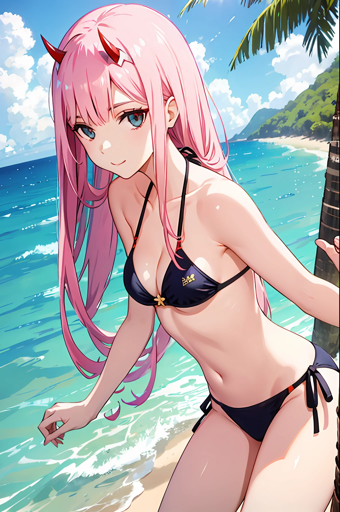 zero two, side tie bikini, medium breast, slim legs, sunny day, Beach, leaning, beautiful eyes