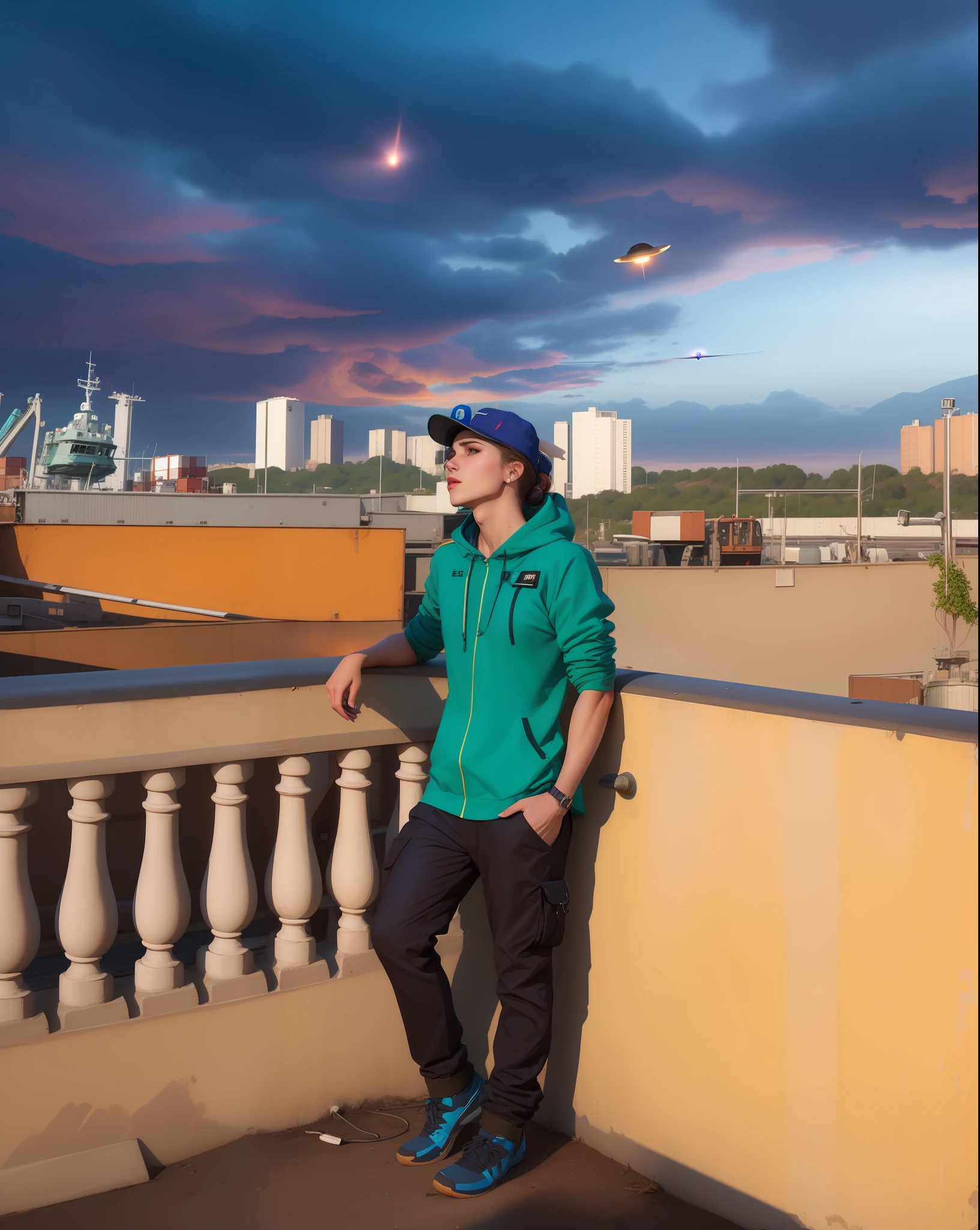 Put a sexy woman in the picture, sexy woman, ships in the sky, meteor in the sky, sky of fire, put a three lights in the upper left corner in UFO style,
