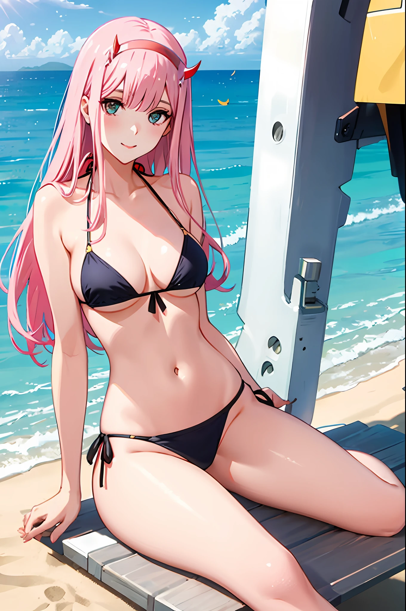 zero two, side tie bikini, medium breast, slim legs, sunny day, Beach, leaning, beautiful eyes