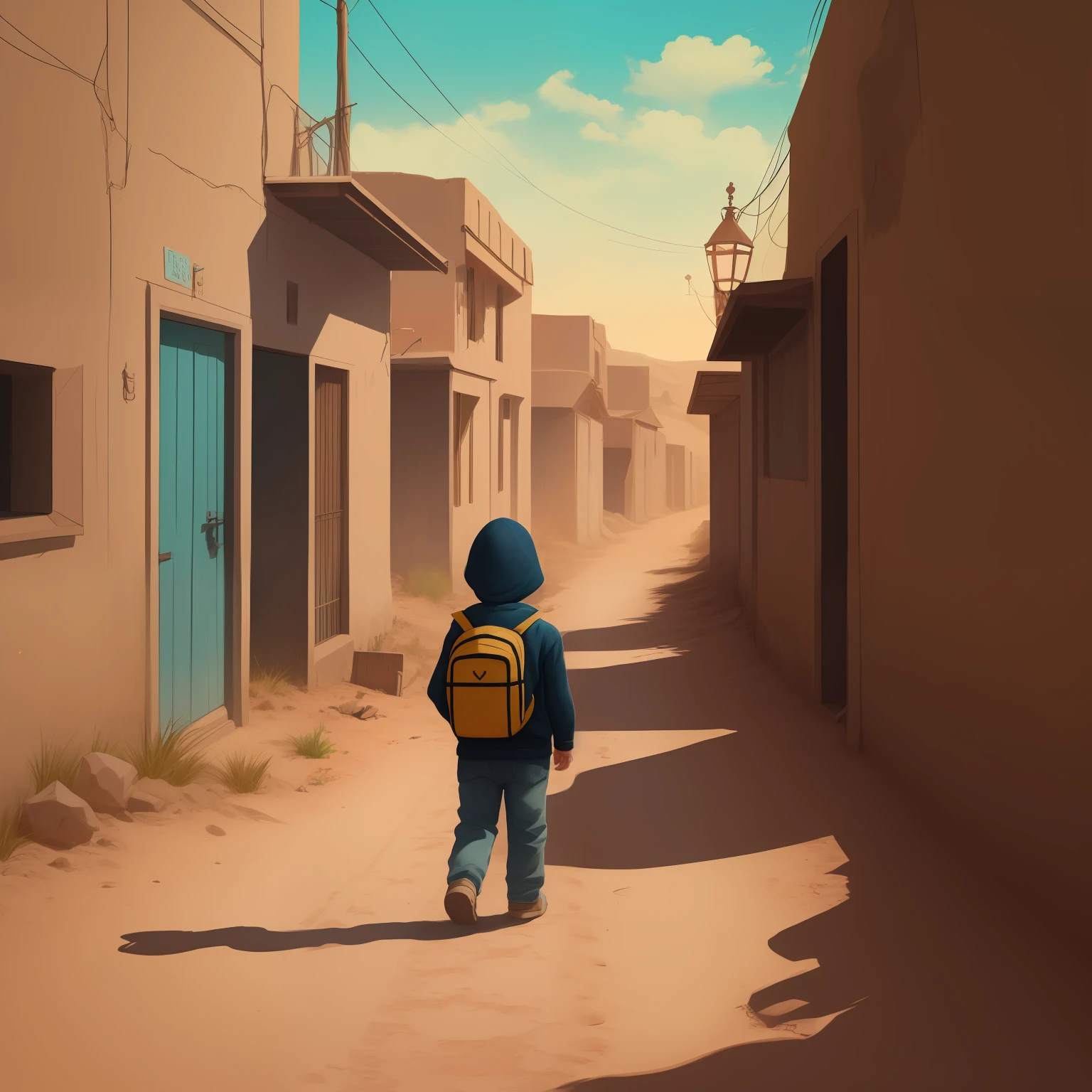 a drawing of a cute baby lost in a desert street, reality effect style, colorful black red yellow blue, deep lines, heavy strokes, masterpiece, artstation