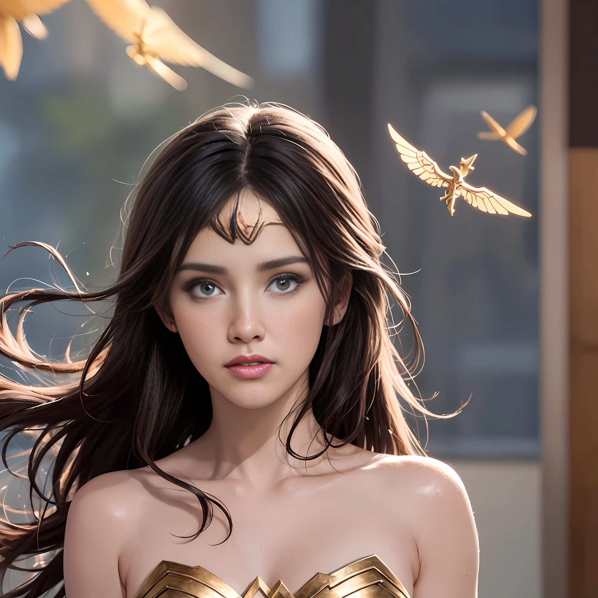 (8k, RAW photos, top quality, masterpieces: 1.2), (realistic, photorealistic: 1.37), (Linda Carter WW Costumes: 1.8), highest quality, ultra high resolution, light leakage, dynamic lighting, slim and smooth skin, (Wonder Woman: 1.4), (soft saturation: 1.6), (fair skin: 1.2), (glossy skin: 1.1), oiled skin, (flying:1.6), 16 years old, night, forehead, bangs, well-formed, hair fluttering in the wind, close-up shot of face only, physically based rendering, from multiple angles