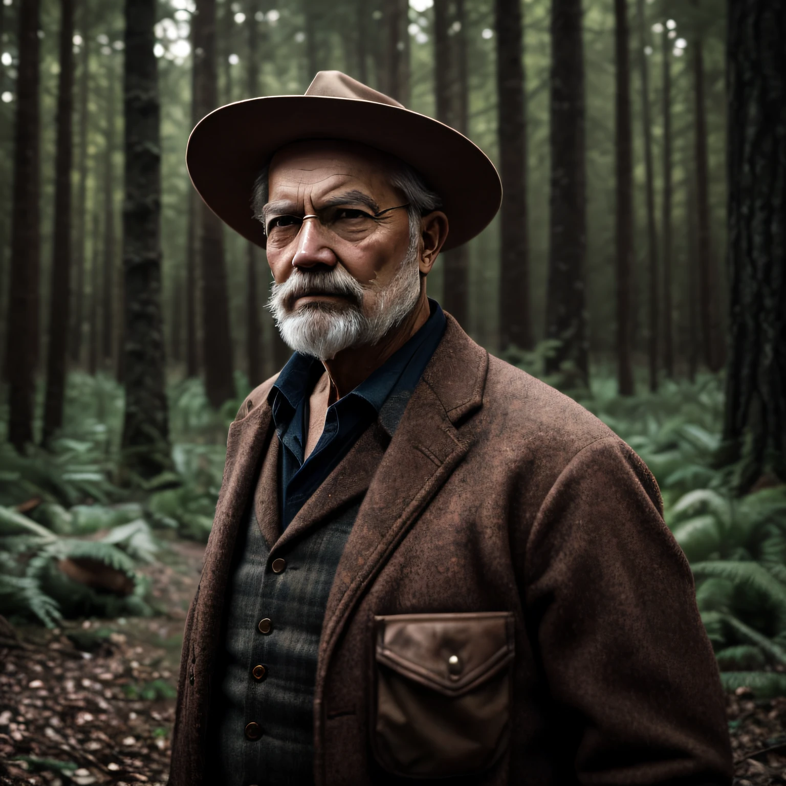 Old lumberjack man in the woods, with 19th century clothes, winner of the pexels contest, digital art, 8k art portrait photography, dramatic portrait of Namenlos, 8k portrait shot, film portrait, film. Author: Leng Jun, Portrait Shot, Cinematic Portrait, Environmental Portrait, Cinematic Dramatic Portrait --auto