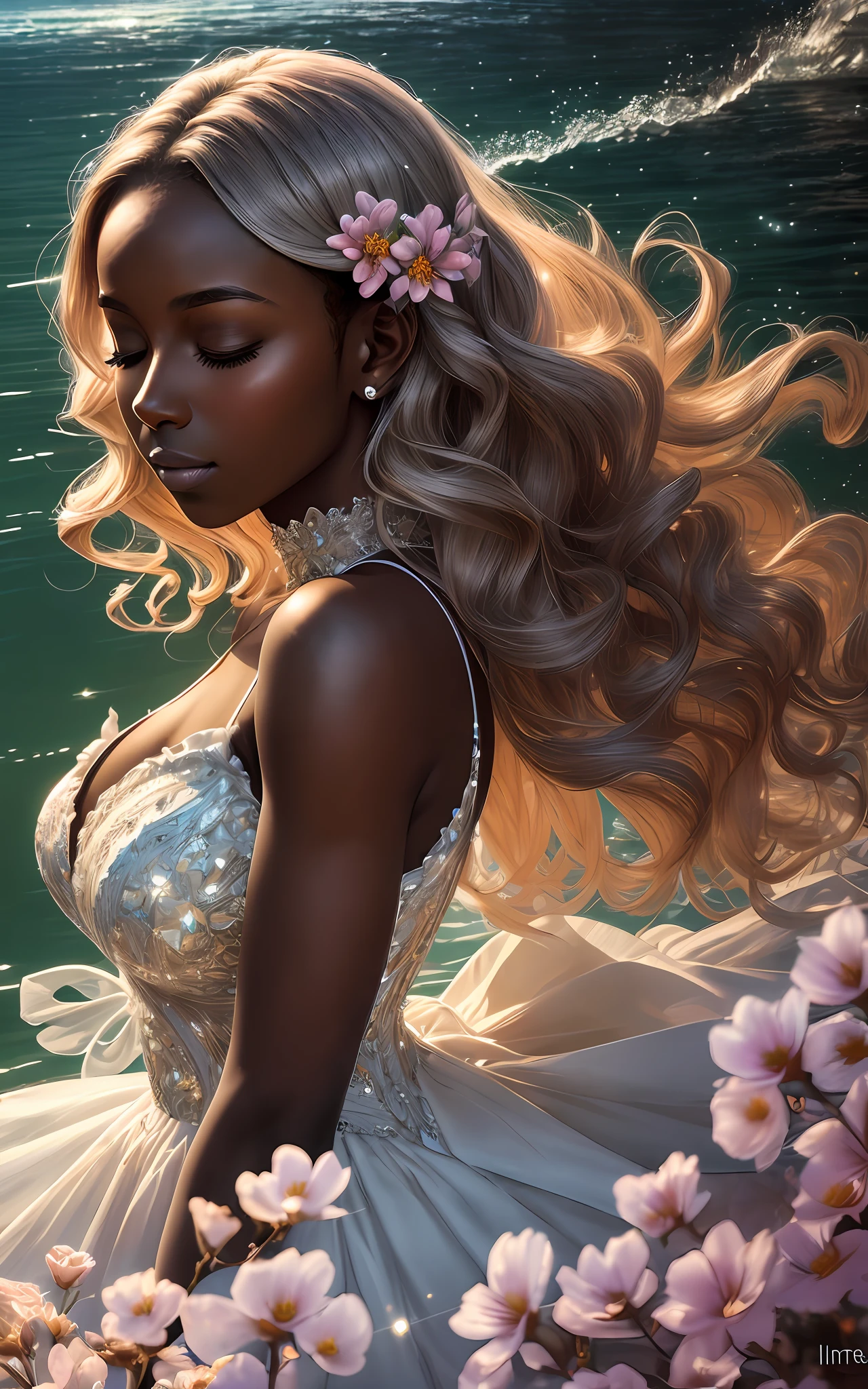 award winning 64k concept art of (dark skin 1girl:1.3) in majestic open dress made of flowers near the lake bravely, posing, epic, god rays, centered, upper body, (masterpiece:1.2), (best quality:1.3), Amazing, highly detailed, beautiful, finely detailed, warm soft color grading, Depth of field, extremely detailed 64k, fine art, stunning, iridescent, (shiny:1.2), (light reflections:1.3), (crisp:1.6), silver curls, spring, vibrant, sunlit, (edge detection:1.4), absurdres, impressive, 120mm, glittering, closed eyes, frills, extremely clear