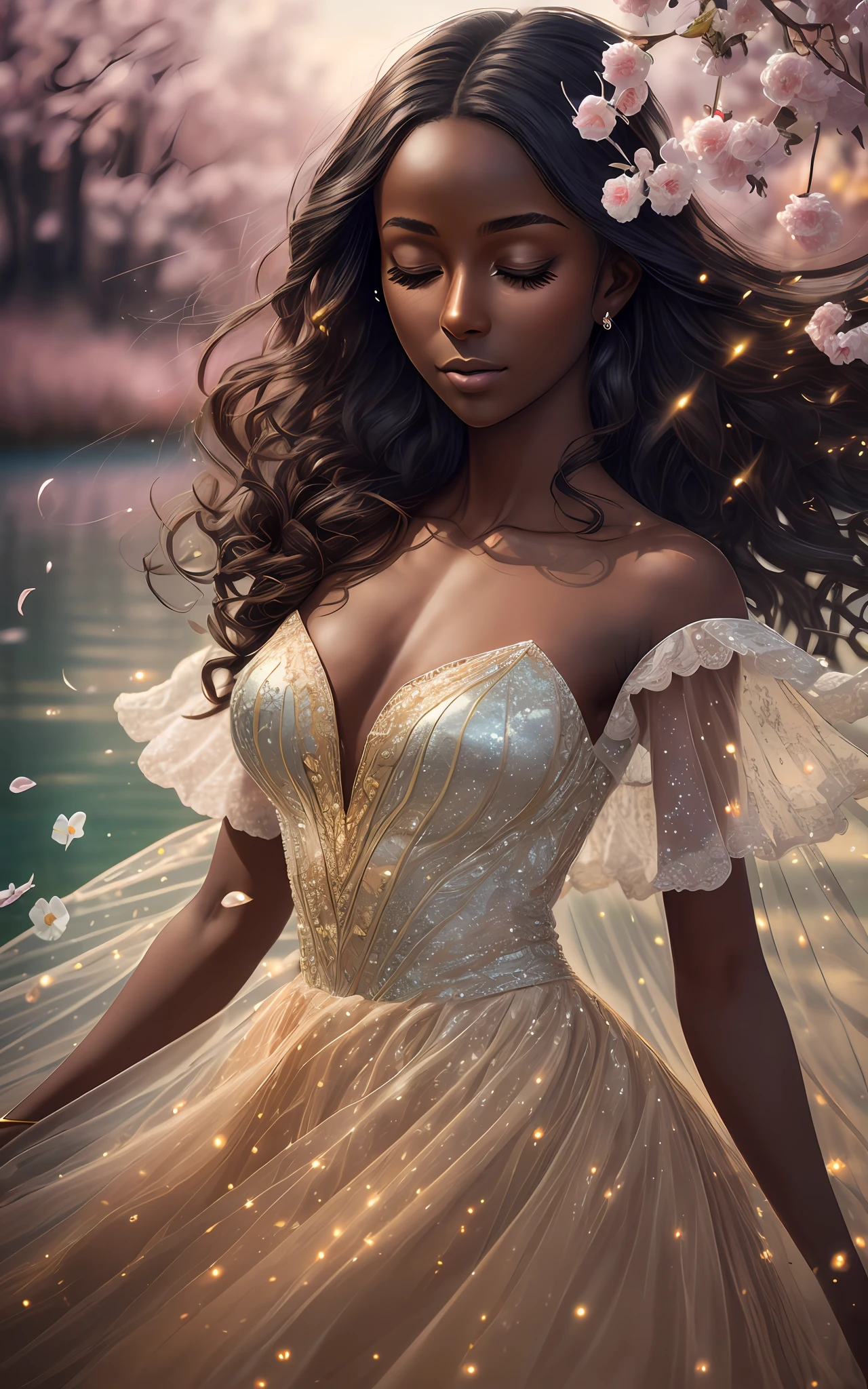 award winning k concept art of (dark skin 1girl:1.3) in majestic open dress made of flowers near the lake bravely, posing, epic, god rays, centered, upper body, (masterpiece:1.2), (best quality:1.3), Amazing, highly detailed, beautiful, finely detailed, warm soft color grading, Depth of field, extremely detailed 64 fine art, stunning, iridescent, (shiny:1.2), (light reflections:1.3), (crisp:1.6), silver curls, spring, vibrant, sunlit, (edge detection:1.4), absurdres, impressive, 120mm, glittering, closed eyes, frills, extremely clear