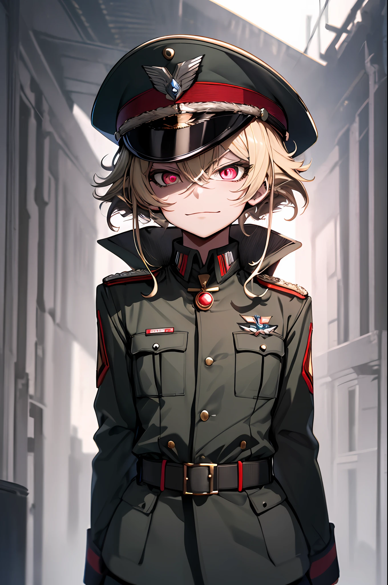 (masterpiece, best quality: 1.1), 1girl solo, tanya, 1girl, solo, petite, flat chest, small breasts, curvy, military, military uniform, , general hat, evil smile, wicked expression, anger, red eyes, neutral lighting