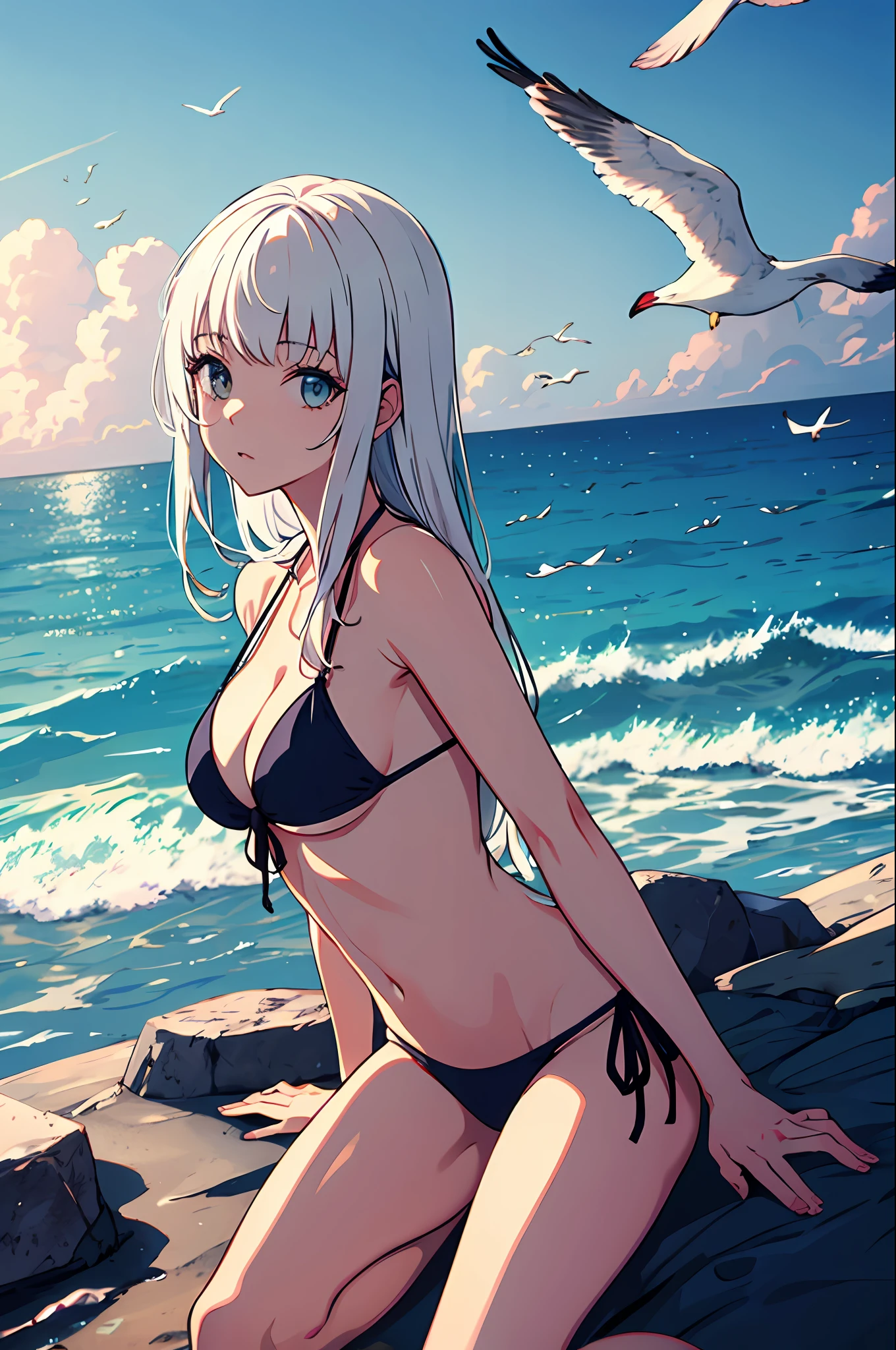 1 Girl, Seagull, Epilogue, Ocean, Bikini, Normal, Long Hair, White Hair, Dull Hair