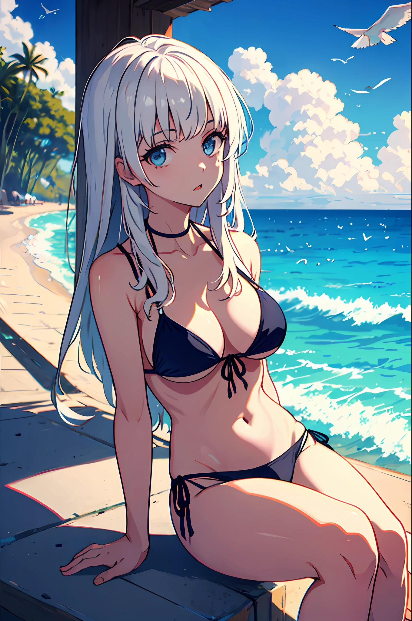 1 Girl, Seagull, Epilogue, Ocean, Bikini, Normal, Long Hair, White Hair, Dull Hair