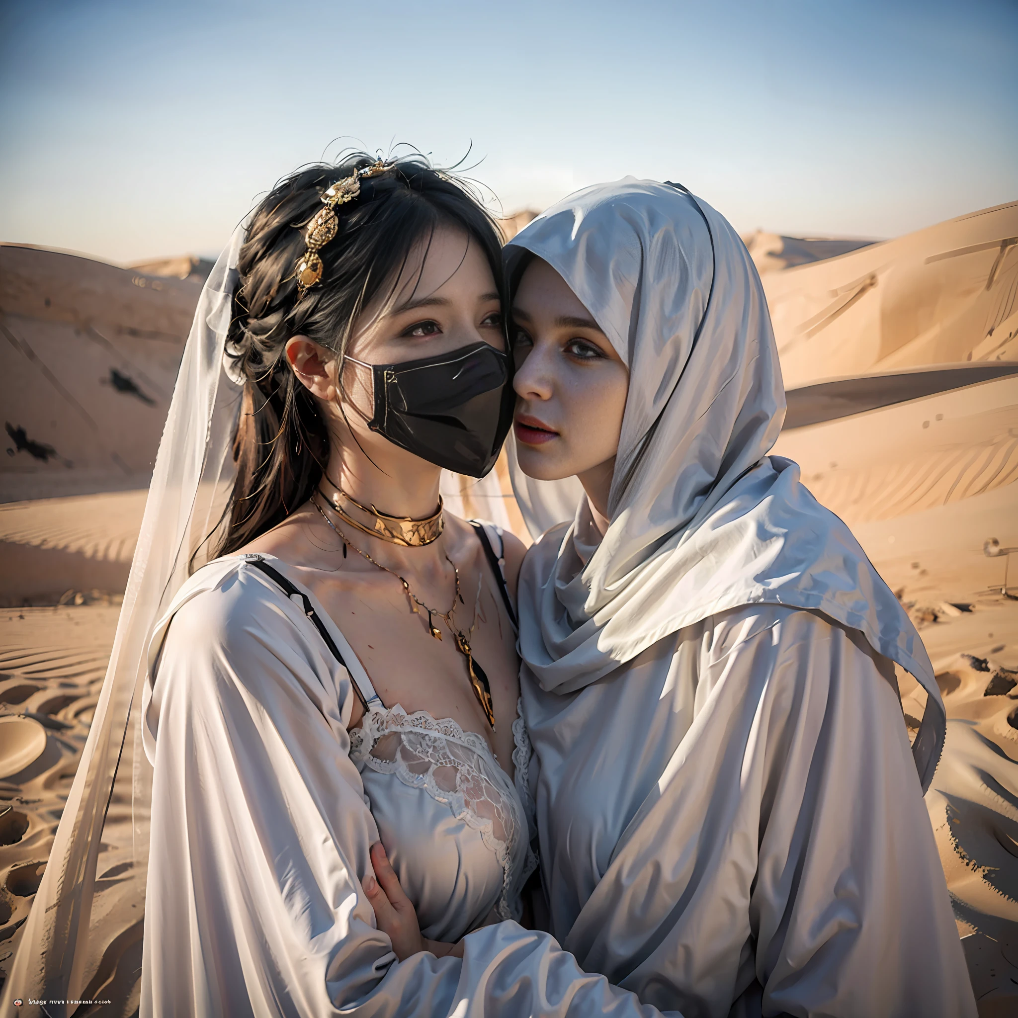 Panorama, portrait, realism, golden desert, luxury tent complex by oasis, luxury wedding, 2girl,, two maidens wearing traditional Arabian luxury wedding dresses, traditional burqa, veiled maidens, arabesque turban, white veil, cotton mask mask, face with gold encrusted black leather mask, hugging, kissing, mouth to mouth, veil meeting veil, in front of him stands an Arab priestess in a burqa, in the background a group of masked Arab maidens clapping, perfect composition, professional, Meistwick, commission, best quality, color correction, post retouching, improvement, idyllic, tone mapping, detail, high detail, digital painting, art station, concept art by hamba, smoothness, sharp focus, beautiful illustration, photograph, backlight, dynamic lighting, fog, complex, film grain, professional, facing the audience, all veiled masks, (beautiful m3d_woman, perfect m3d_face,), volumetric lighting, underground scattering, good highlights, good shadows, film