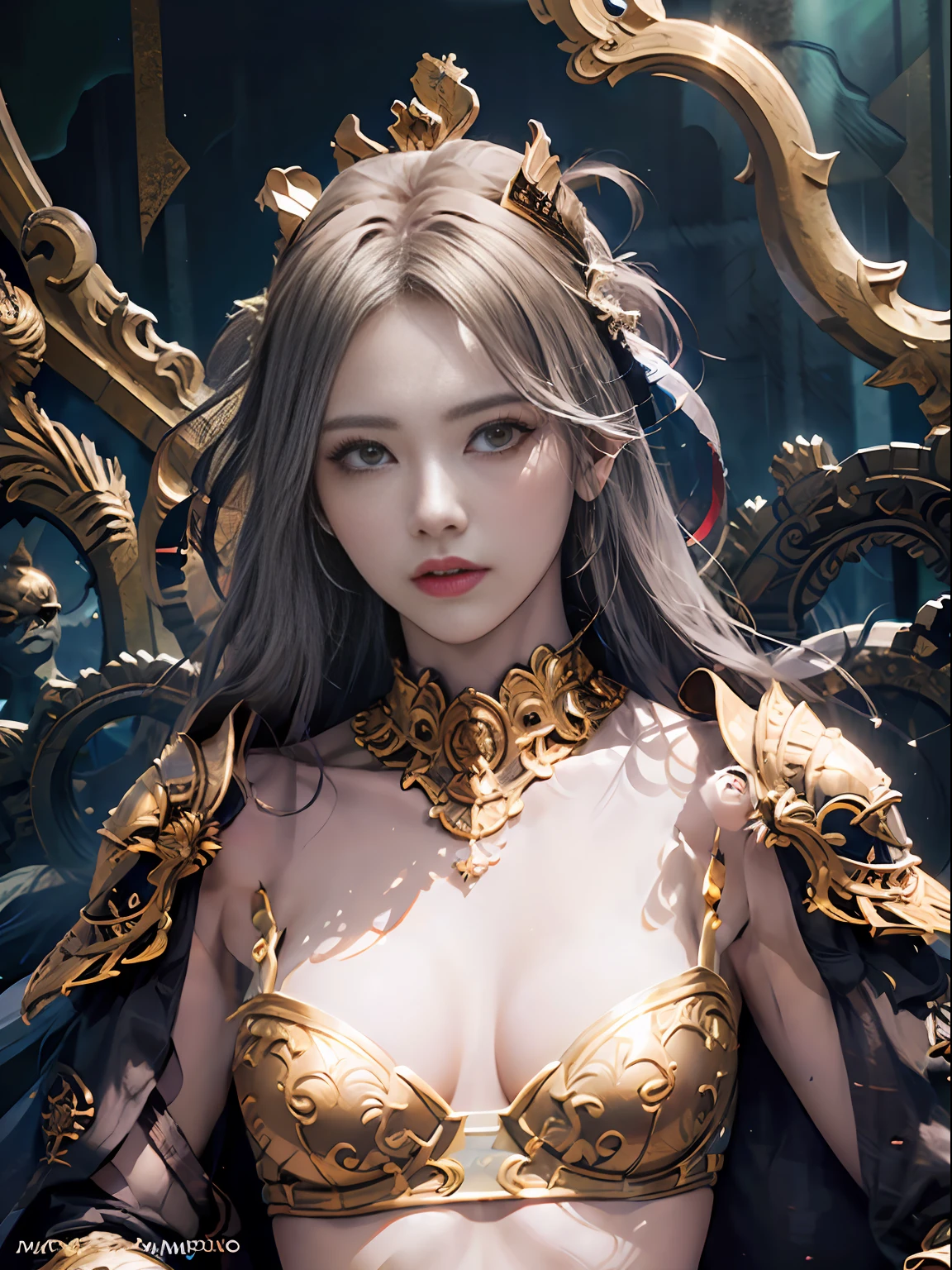Official Art, Unity 8k wallpaper, ultra detail, masterpiece, best quality, one woman, (very detailed),(RAW photo, best quality),(realistic, photorealistic:1.3),high definition, opening your mouth lightly, ultra-detailed complex 3D rendering of face, (big breasts: 8.8), (highly detailed skin: 1.2), (exposure: 1.1), beautiful caucasian woman with big ass full soft breasts and white skin, (Topless), breasts,(beautiful gray hair))), yellow eyes, long hair, ( (blue micro bikini with silk)), dynamic angle, mystical expression, fire glow effect, fantasy background, rim lighting, side light, cinematic light, ultra high definition, 8k , film grain,best shadow, light particles, detailed skin texture, detailed face, golden eyebrows, ultra detail, watch viewer,(( Strong armor of gold shining with details)), cleavage, slender abs, having shining weapons, holding a beautiful shield, Paul Dron, (((detailed and ornate crown)), glowing eyes, long purple cloak, fantasy, (realistic),