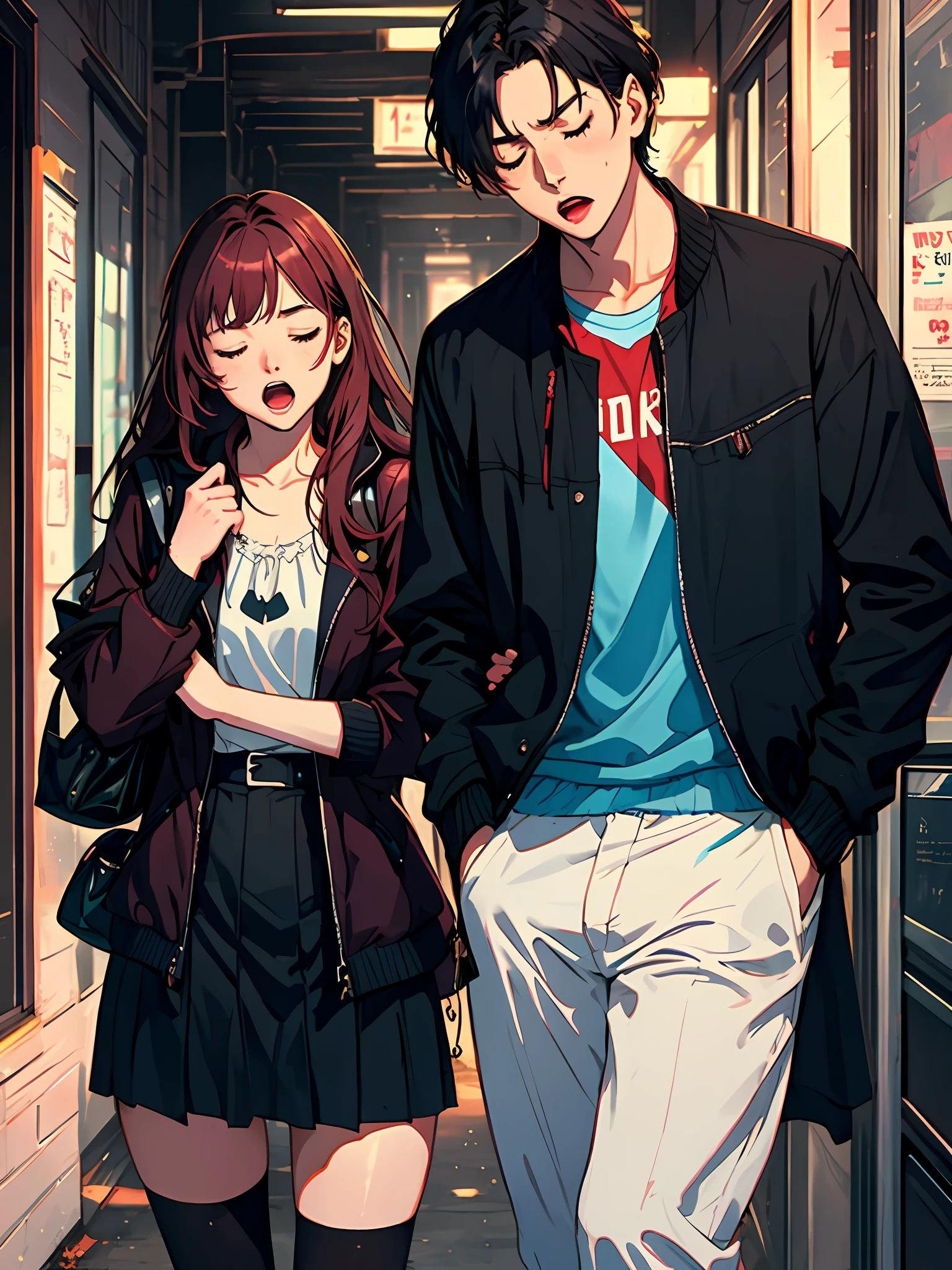 The man stood behind the girl, the girl wore less, and the girl closed her eyes and screamed