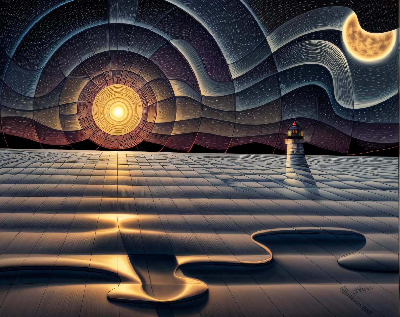 colorized seascape at night, lighthouse, in the style of graphic novel inspired illustrations, intricate landscapes