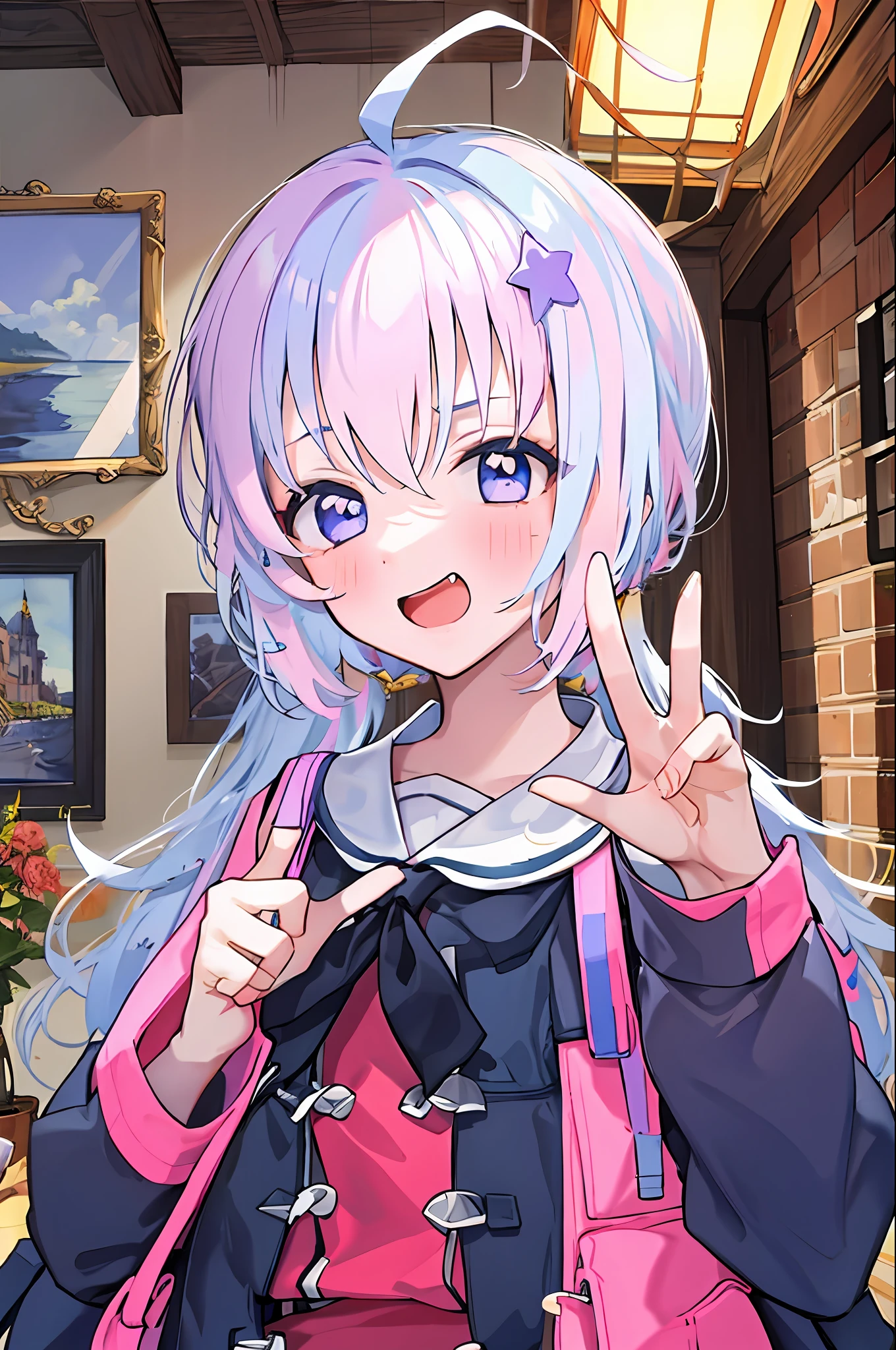 masterpiece, best quality, ultra-detailed, 1girl, uzawa reisa, indoors, purple eyes, cute face, piece fingers