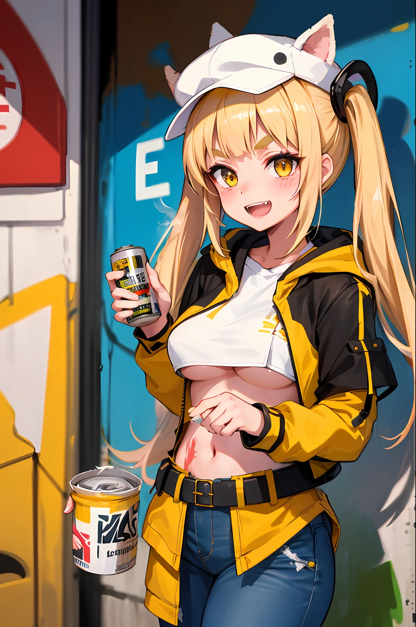 Original Character, Volumetric Lighting, Best Shadows, Shallow Depth of Field, Portrait Of Stunningly Beautiful Girl, Petite, Delicate Beautiful Attractive Face With Alluring Yellow Eyes, Messy Painted Face, Sharp Eyebrows, Broadly Smiling, Open Mouth, Fangs Out, Lovely Medium Breasts, Layered Long Twintail Blond Hair, Blush Eyeshadow, Thick Eyelashes, Applejack Hat, Oversized Pop Jacket, Mini Underboob Tee, Open Navel, Slim Waist, Denim Jeans Pants, With Buckle Belt, In The Graffiti Alley, Waste Container, Outside Stairs, Outdoor Unit, Holding Spray Paint Can, Standing, (Highest Quality, Amazing Details:1.25), (Solo:1.3), Brilliant Colorful Paintings