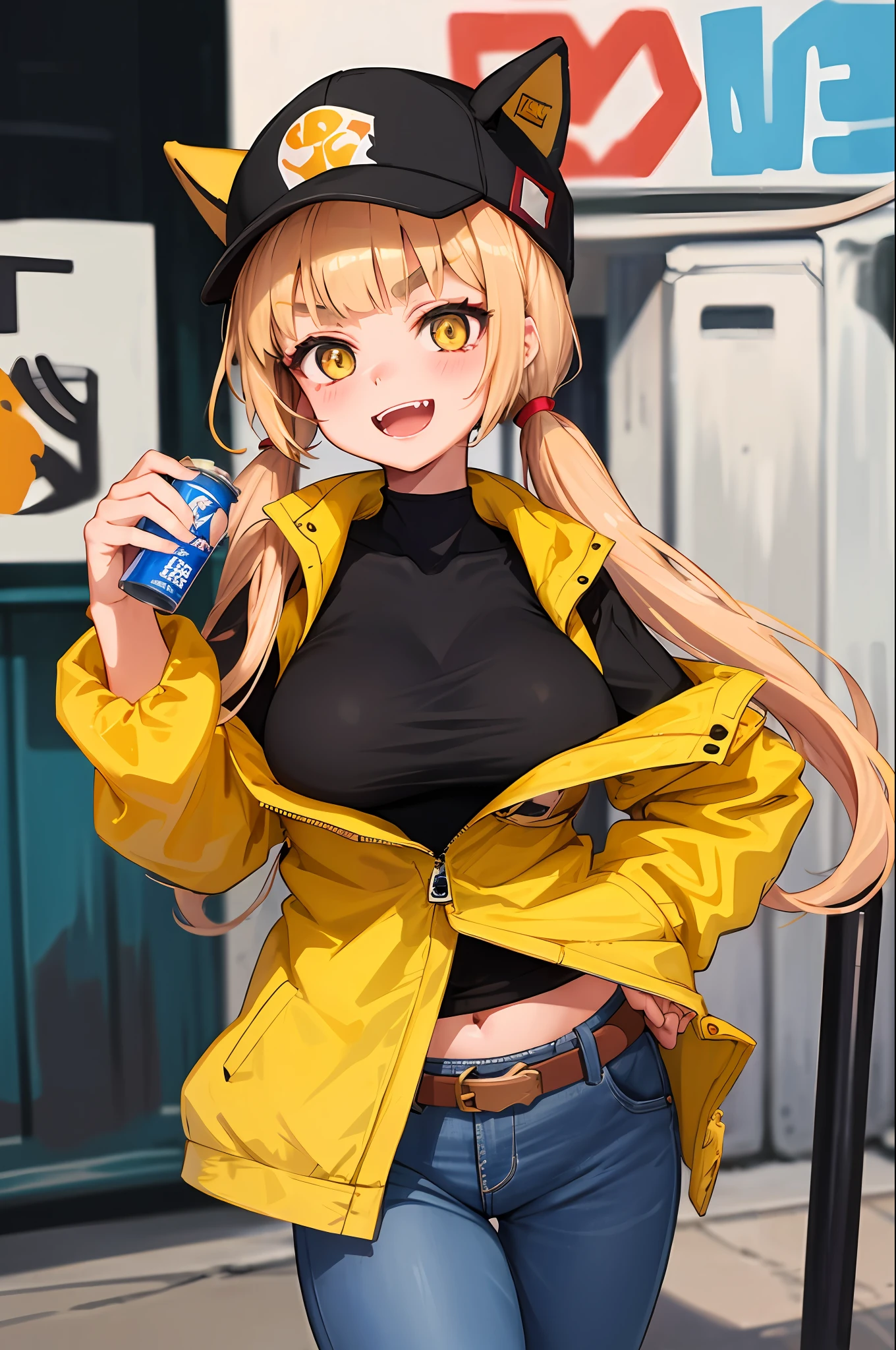 Original Character, Volumetric Lighting, Best Shadows, Shallow Depth of Field, Portrait Of Stunningly Beautiful Girl, Petite, Delicate Beautiful Attractive Face With Alluring Yellow Eyes, Messy Painted Face, Sharp Eyebrows, Broadly Smiling, Open Mouth, Fangs Out, Lovely Medium Breasts, Layered Long Twintail Blond Hair, Blush Eyeshadow, Thick Eyelashes, Applejack Hat, Oversized Pop Jacket, Mini Underboob Tee, Open Navel, Slim Waist, Denim Jeans Pants, With Buckle Belt, In The Graffiti Alley, Waste Container, Outside Stairs, Outdoor Unit, Holding Spray Paint Can, Standing, (Highest Quality, Amazing Details:1.25), (Solo:1.3), Brilliant Colorful Paintings